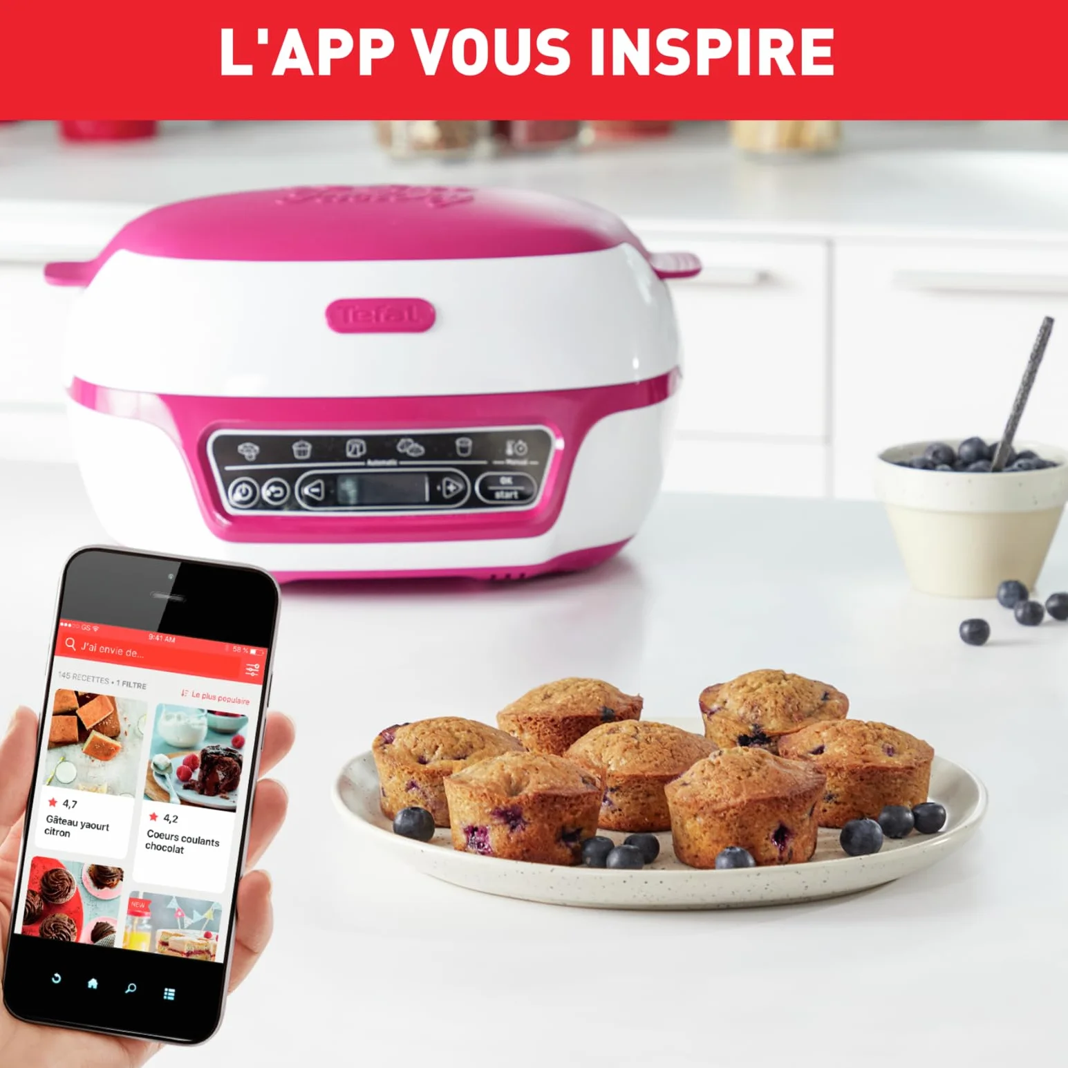Tefal Inteligentna maszyna do ciasta, 5 automatycznych programów, 1 tryb ręczny, 12 foremek do mini ciast, 1 duża forma, kompatybilna z serią CreaBake, fabryka tortów rozkoszy KD810112