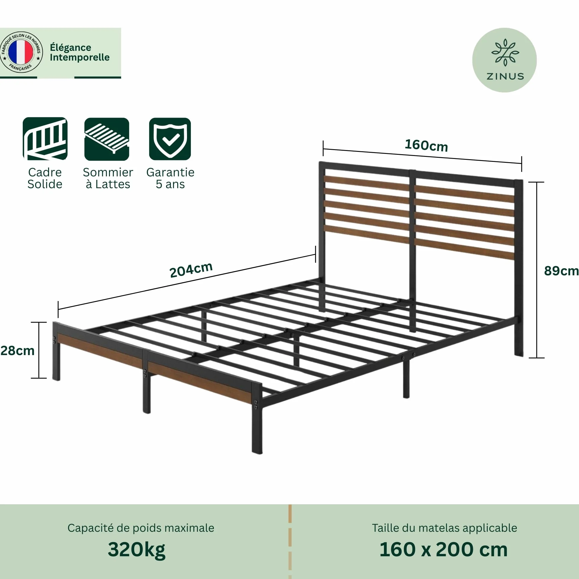 Zinus Kai Łóżko 160 x 200 cm – wysokość 23 cm, łóżko king-size – metalowa rama łóżka bambusowego (brązowo-czarna)