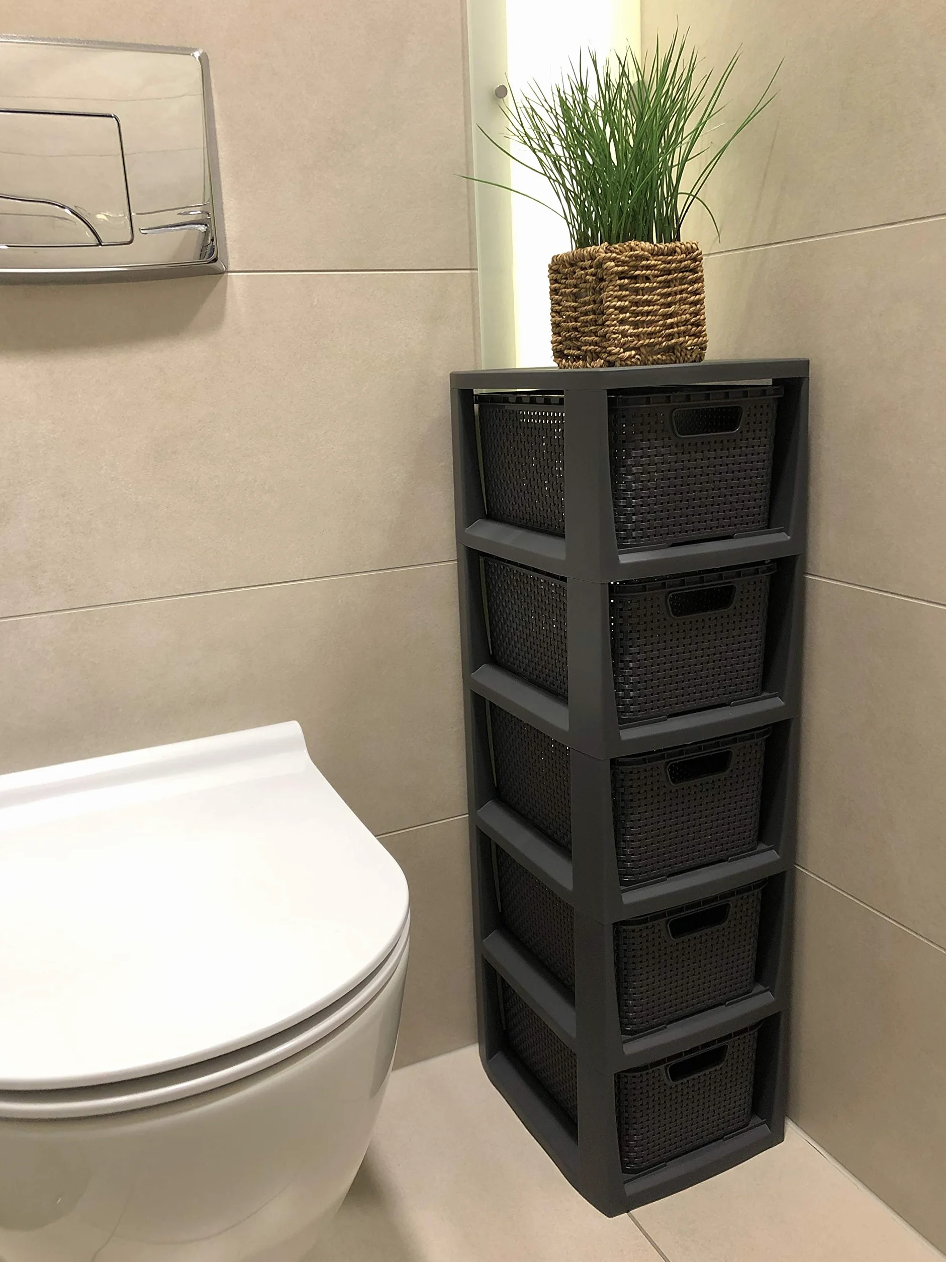 BranQ - Home essential Regał rattanowy, tworzywo sztuczne PP bez BPA, antracytowy, 29,5 x 24 x 80 cm, 5 koszy