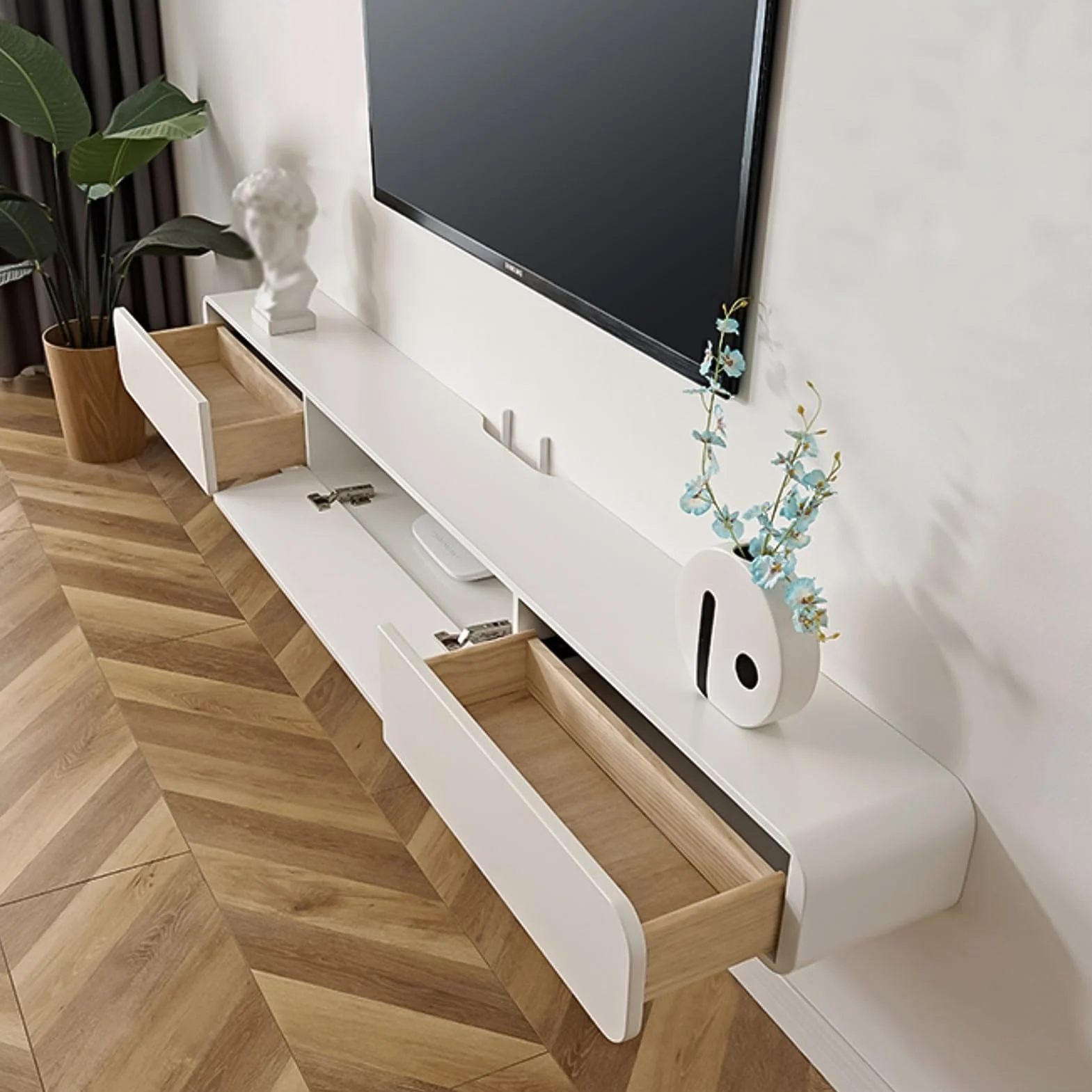 Naścienna pływająca półka na telewizor centrum rozrywki konsola multimedialna do dekodera telewizji kablowej i konsoli do gier stylowe rozwiązanie do przechowywania urządzeń i akcesoriów do