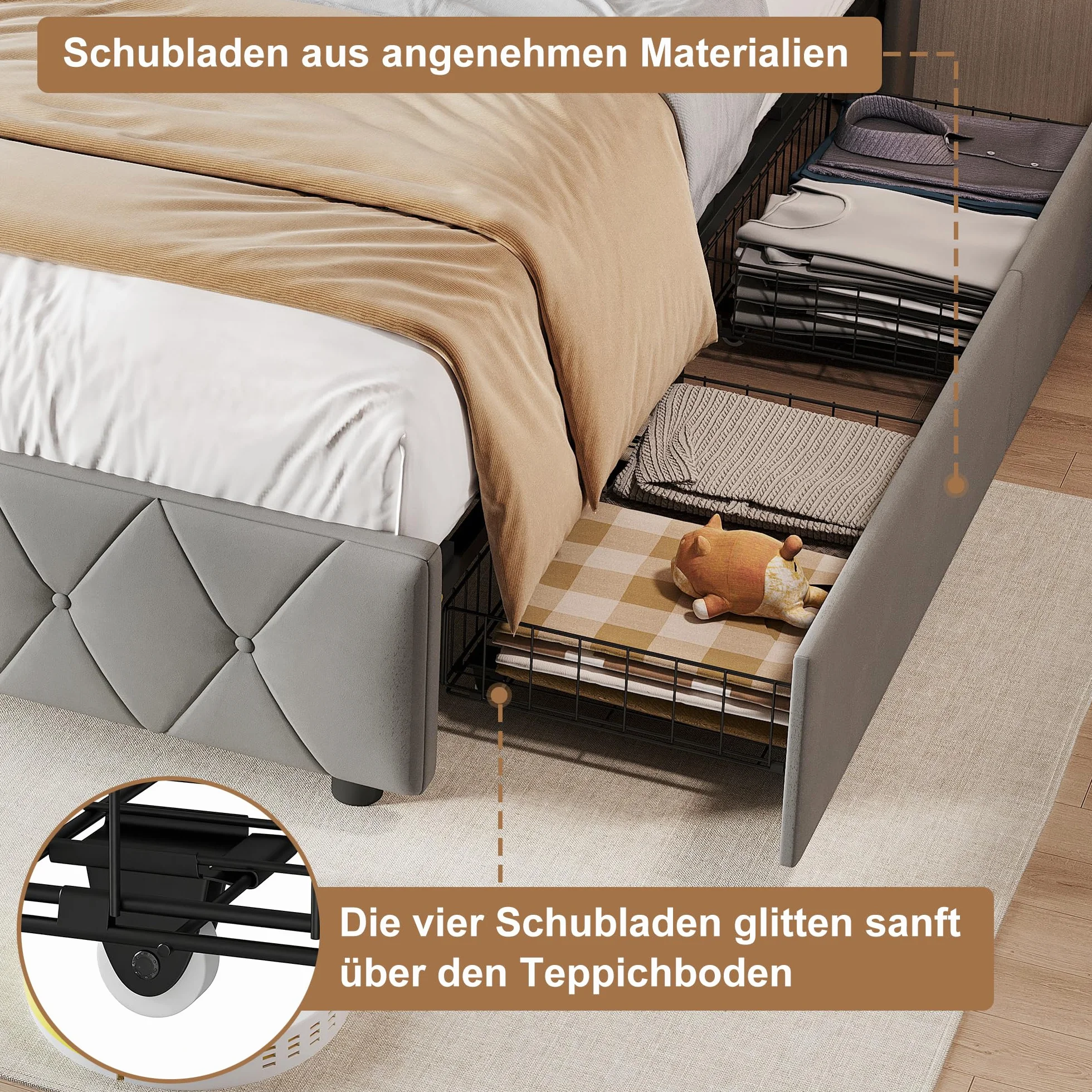 Łóżko tapicerowane 90 x 200 cm z diodami LED i funkcją ładowania USB, łóżko młodzieżowe z 4 szufladami do przechowywania, pojedyncze łóżko ze stelażem i miejscem do przechowywania, bez