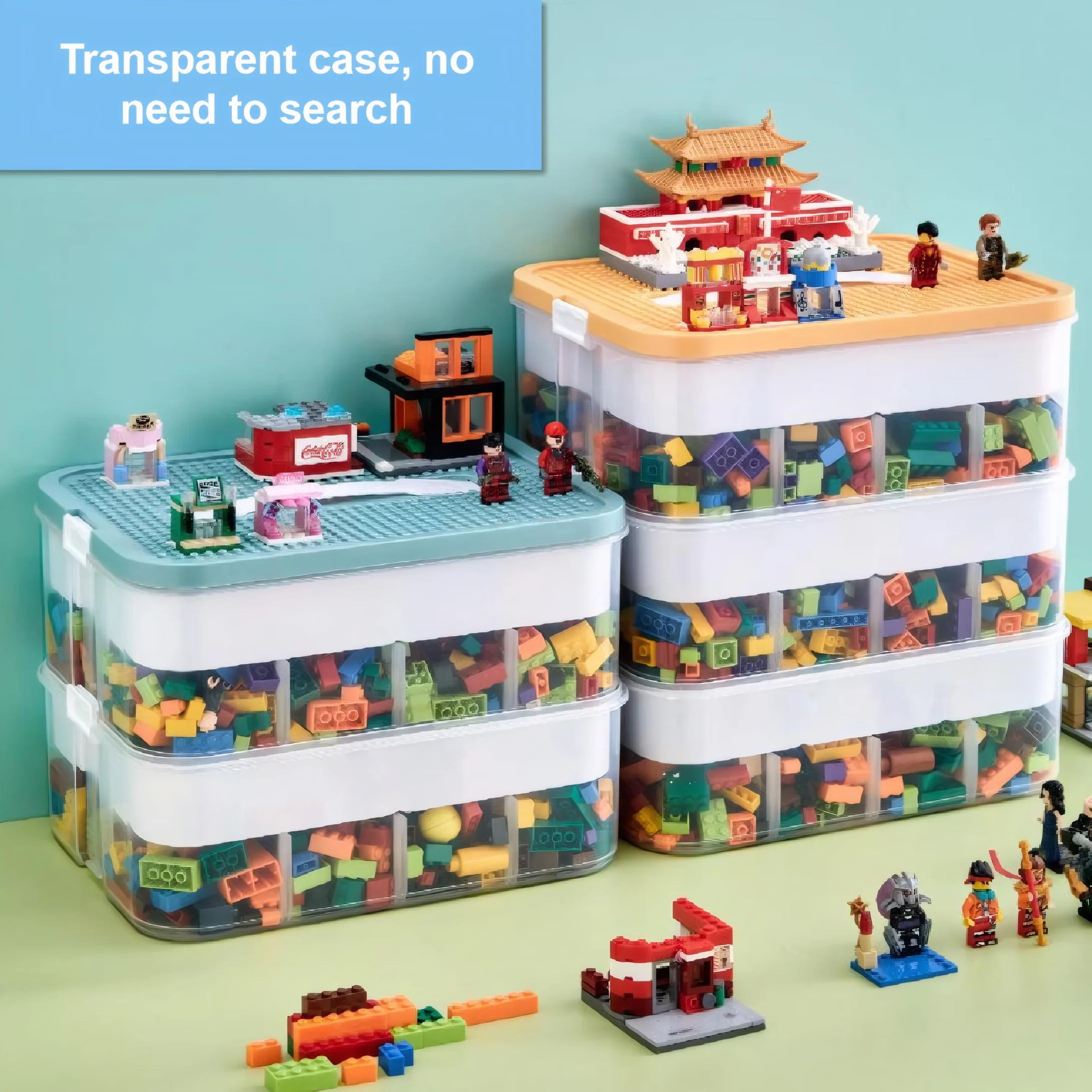 Pudełka do przechowywania, przezroczyste pudełko-organizer na zabawki, układane w stos pudełka do przechowywania Lego z pokrywką, uchwytem, plastikowy pojemnik z wieloma przegródkami do przechowywania