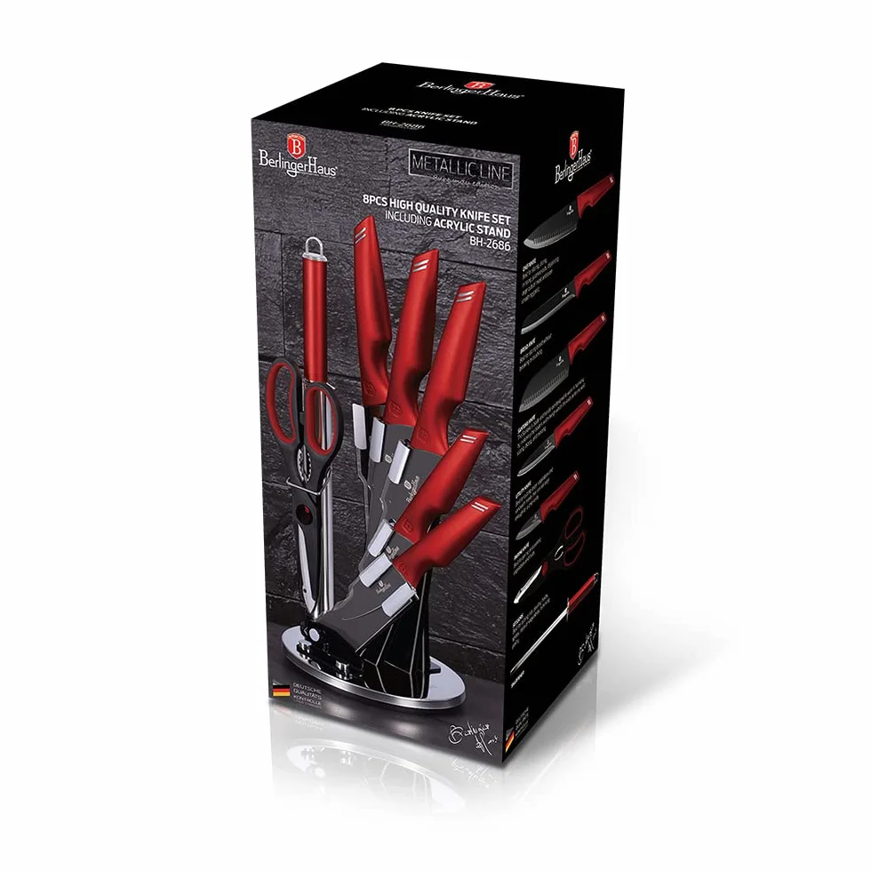 Berlinger Haus Kitchen Knife Set with Block, 8 Piece Knives Set for Kitchen, Elegant Cooking Knives with Kitchen Shears and Sharpener, Sharp Cutting Stainless Steel Chef Knife Set with Acrylic Stand