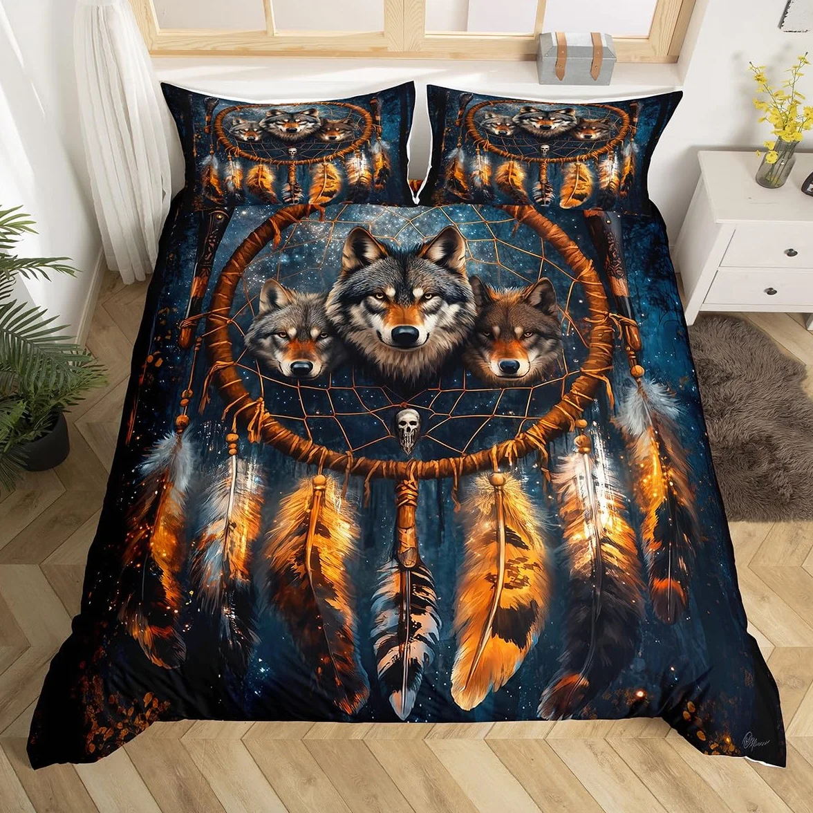 Homewish Poszewka na kołdrę z wilkiem, łapacze snów, zestaw pościeli, pióro w stylu boho, super king, poszewka na kołdrę dla dzieci, mężczyzn, egzotyczne zwierzęta plemienne, dzikie łóżko