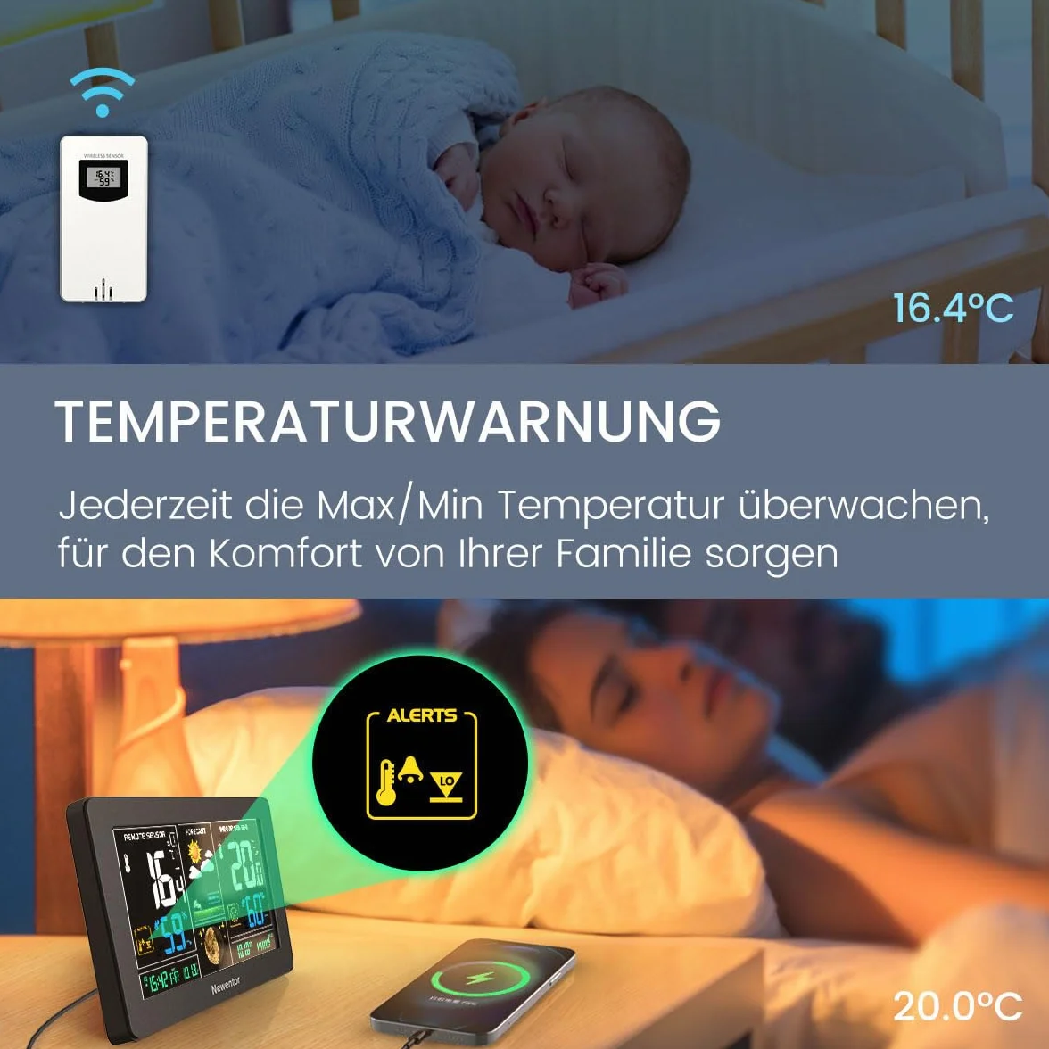 Newentor Radiowa stacja pogodowa z czujnikiem zewnętrznym – radiowa stacja pogodowa z prognozą pogody, ostrzeżenie o temperaturze, zegar radiowy DCF – zasilanie bateryjne i sieciowe, Czarna