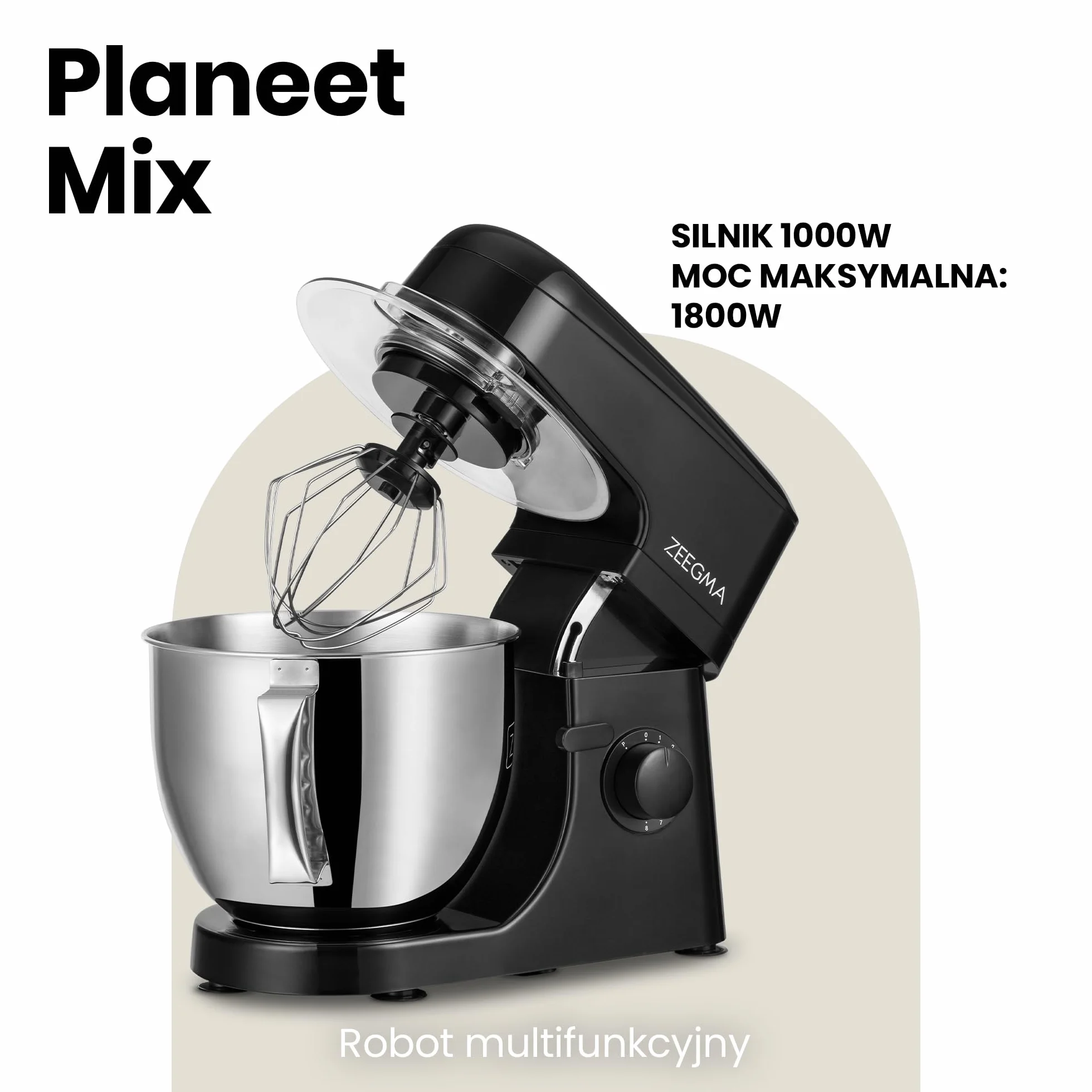 ZEEGMA PLANEET MIX Robot Planetarny 1800 W, Wielofunkcyjny Robot Kuchenny z Misą 5L z Uchwytem i Pokrywką, 8 Prędkości Pracy, 3 Narzędzia Miksujące Panel Dotykowy (Czarny)