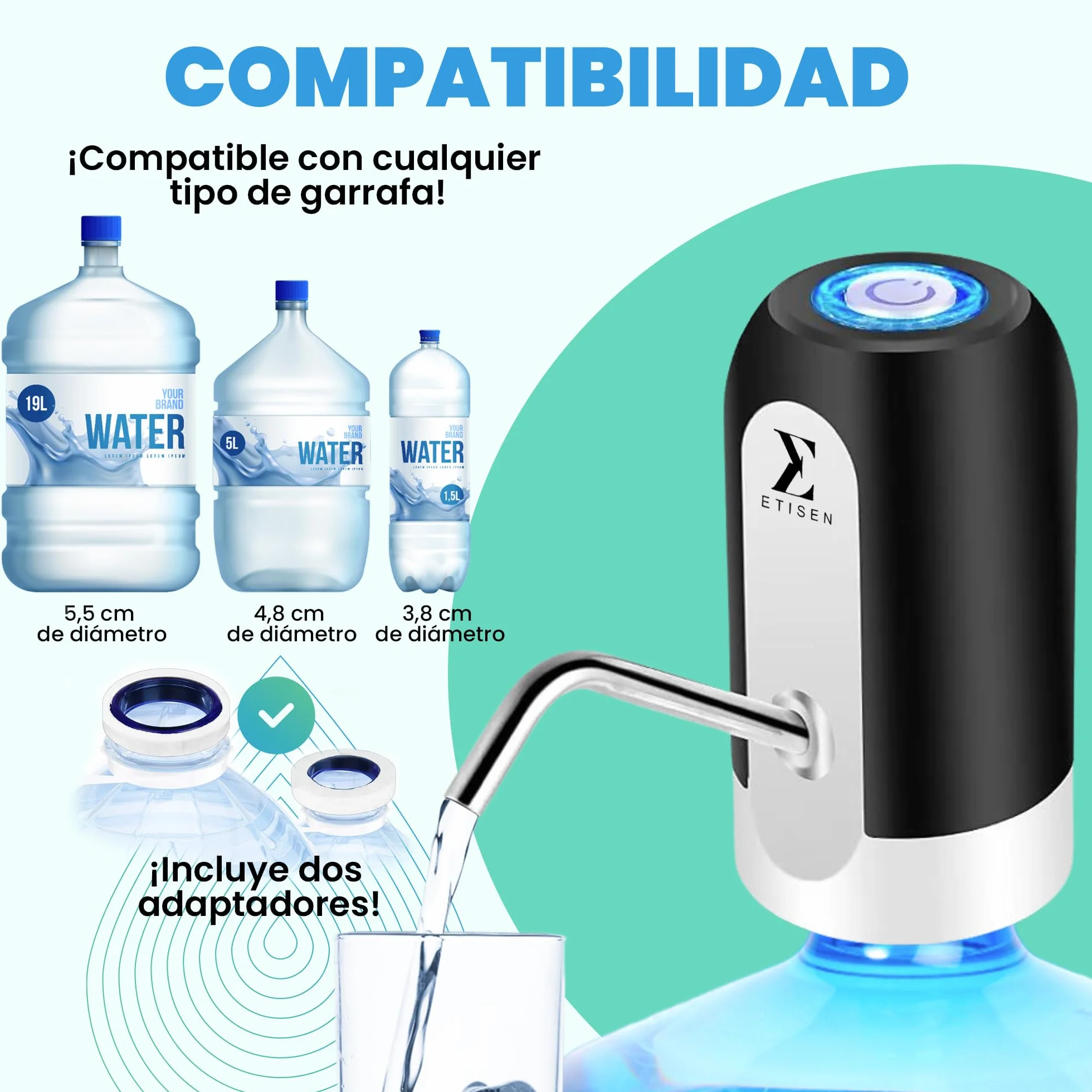 Dozownik wody, elektryczny kran do kanistra zimnej wody, pompa dozująca z dwoma adapterami, 5,7 l, 10 l, 11,3 l, 15 l, 18,9 l.