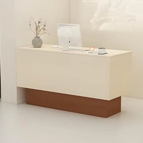 Biurko recepcyjne z zamykaną szufladą kasa fiskalna salon lobby biuro biznesowe blat (kremowy i orzech 120 cm) stylowe i funkcjonalne meble recepcyjne