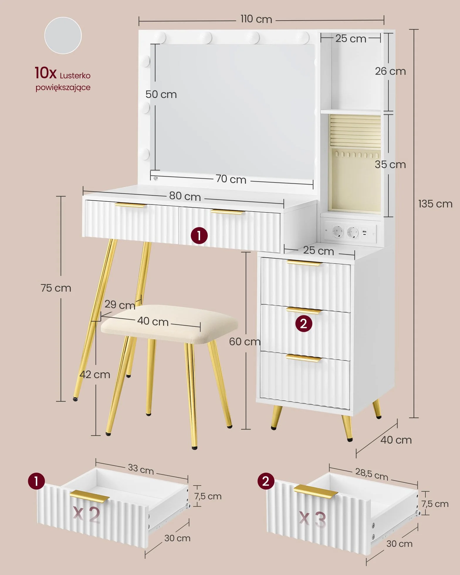 VASAGLE Toaletka z lustrem i stołkiem, stół do makijażu z szufladami, 10x lupa, oświetlenie LED, taca na biżuterię, listwa zasilająca, 40 x 110 x 135 cm, biała chmura RVT020WB01