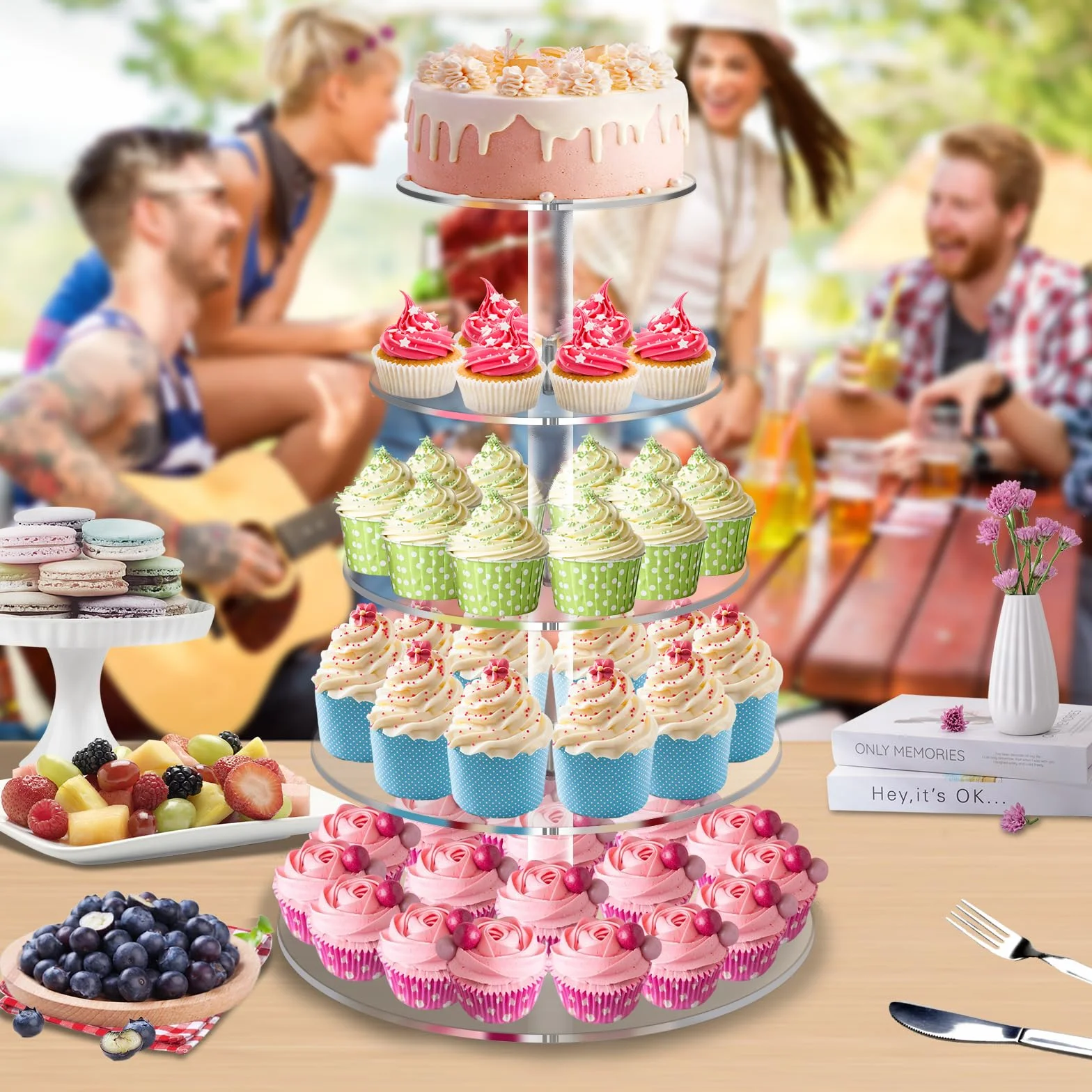 Stojak na babeczki, 5-poziomowy okrągły akrylowy stojak na ciasto, przezroczyste stojaki ekspozycyjne na babeczki wielokrotnego użytku, wieża deserowa na baby shower, wesele, przyjęcie