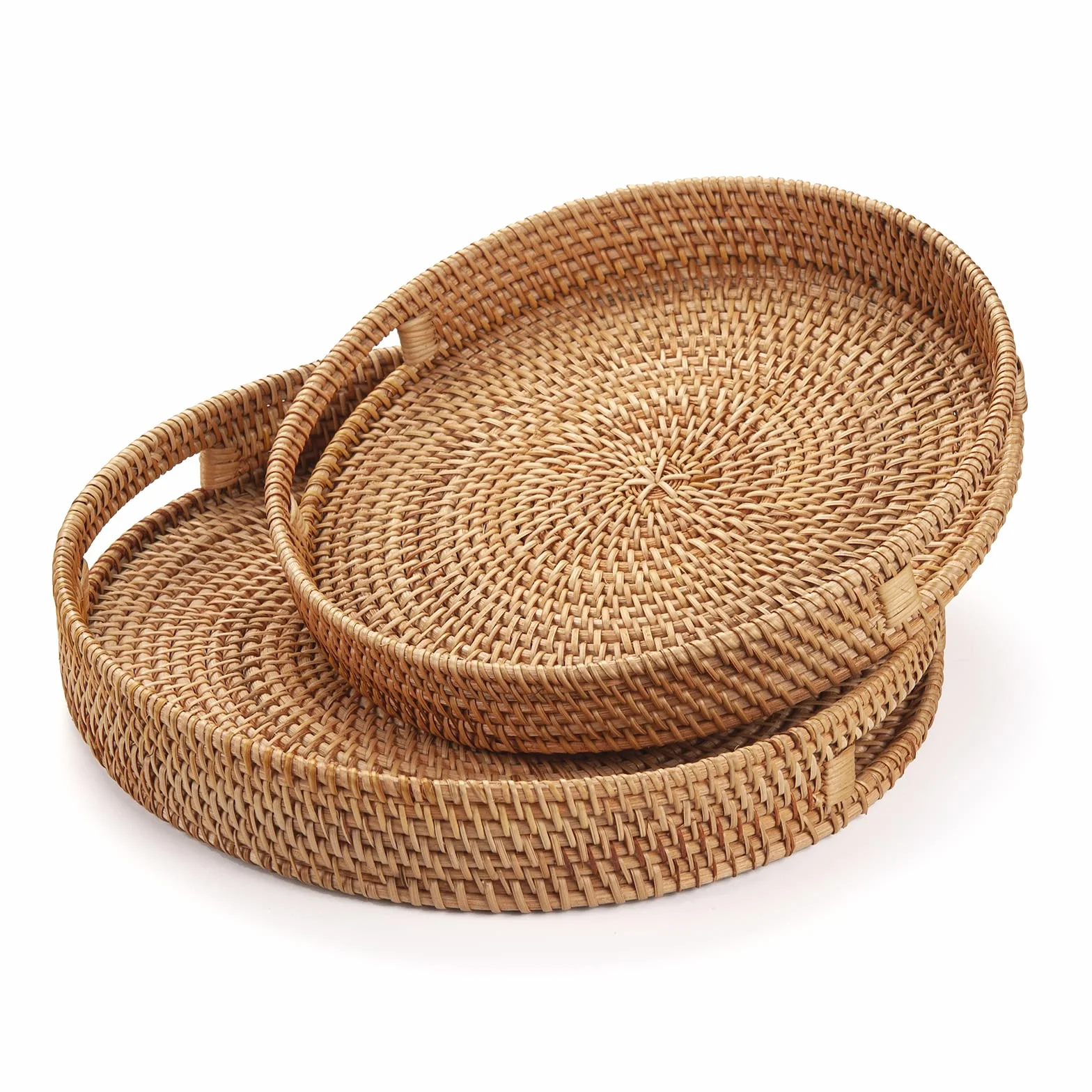 Okrągła rattanowa taca do serwowania z uchwytem, tkana dekoracyjna taca na stolik kawowy, otomański, naturalny (34 cm x 7 cm)