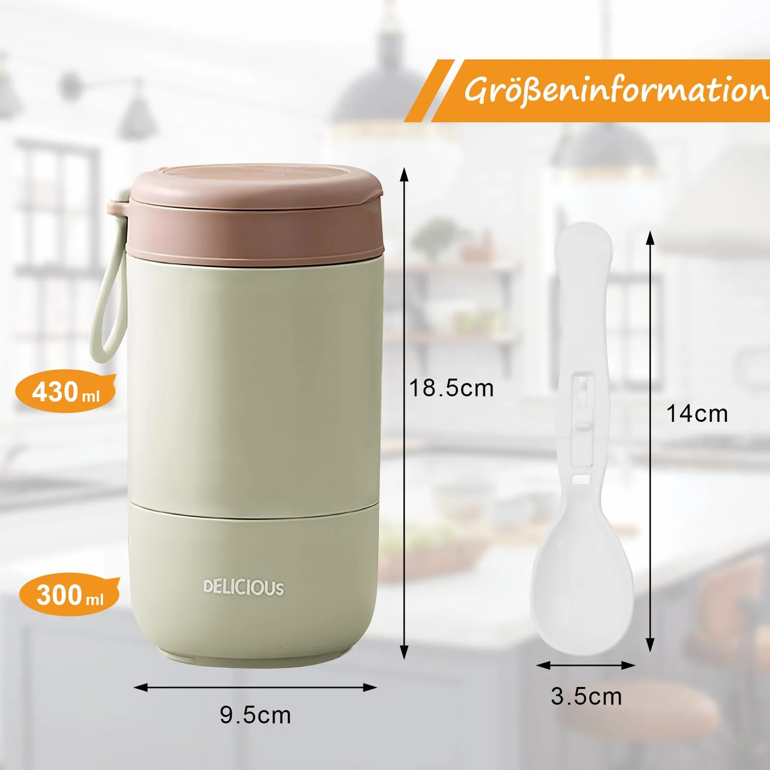Chedin Kubek na musli To Go z pokrywką, kubek ze stali nierdzewnej, 730 ml, szczelny, z łyżką i pokrywką, dwuwarstwowe, szczelne, idealne do pracy (zielony)