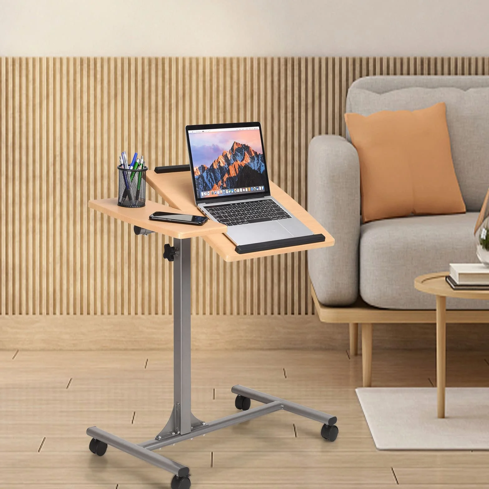 LIFEZEAL Ruchomy stolik stojący z 4 kółkami, stolik pod laptopa z regulacją wysokości, ergonomiczny stolik na notebooka, biurko z blatem z regulacją kąta, stół do salonu (orzech włoski)
