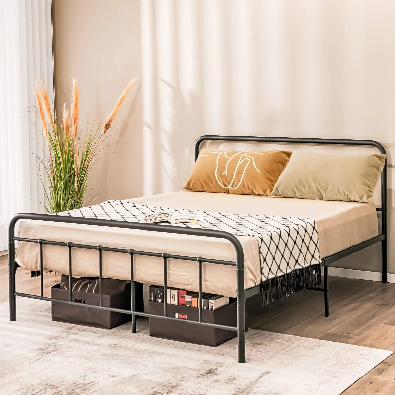 COSTWAY metalowe łóżko z ramą na materac 200 x 160 cm, podwójne stelaż łóżka, łóżko z ramą i szkieletem, miejsce do przechowywania pod łóżkiem, metalowe łóżko gościnne z platformą