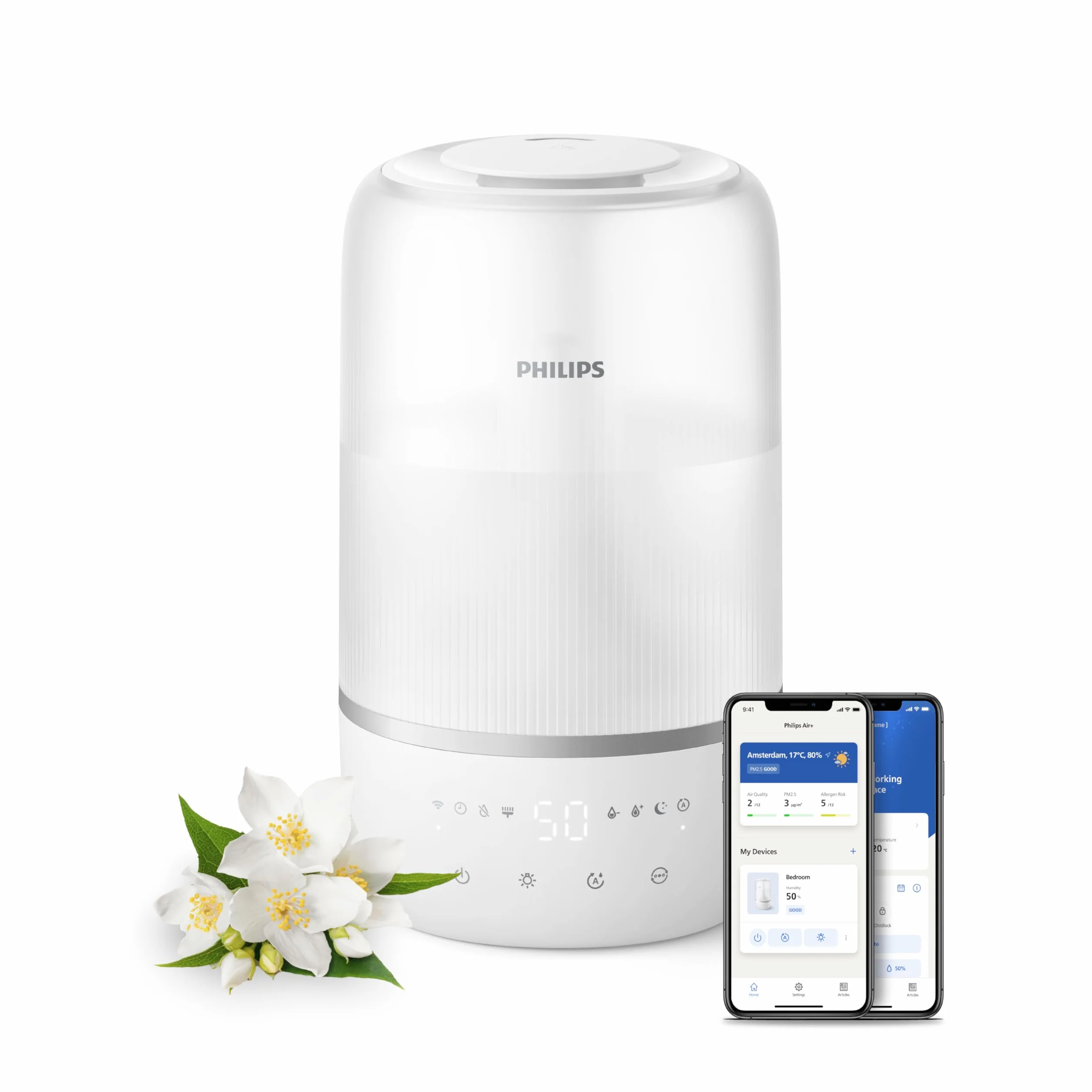 Philips Inteligentny nawilżacz, kompaktowy i mocny, z mgiełką Sky High, czas pracy do 32 godzin, aromaterapia, cichy, z ustawieniem snu i lampką nocną, do pomieszczeń o powierzchni do 38m² (HU1509/00)
