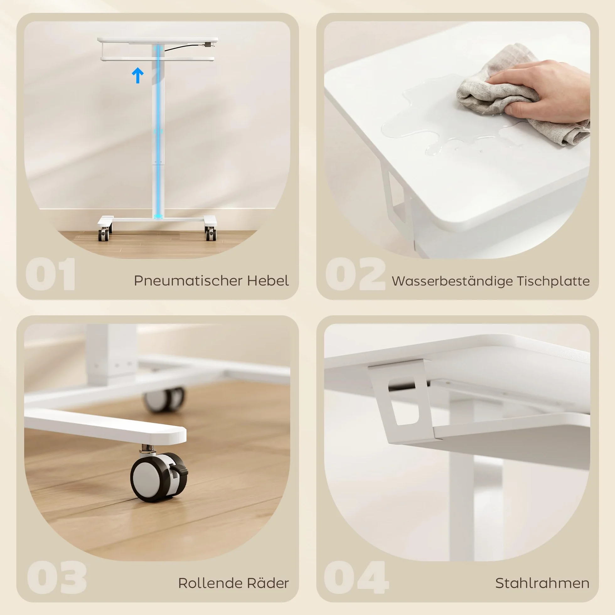 HOMCOM Stolik pod laptopa z regulacją wysokości, pneumatyczny z kółkami, półka na klawiaturę, 71-107 cm, mobilny stolik pomocniczy, biurko na sofę, łóżko, do biura, 65 x 60 cm, biały