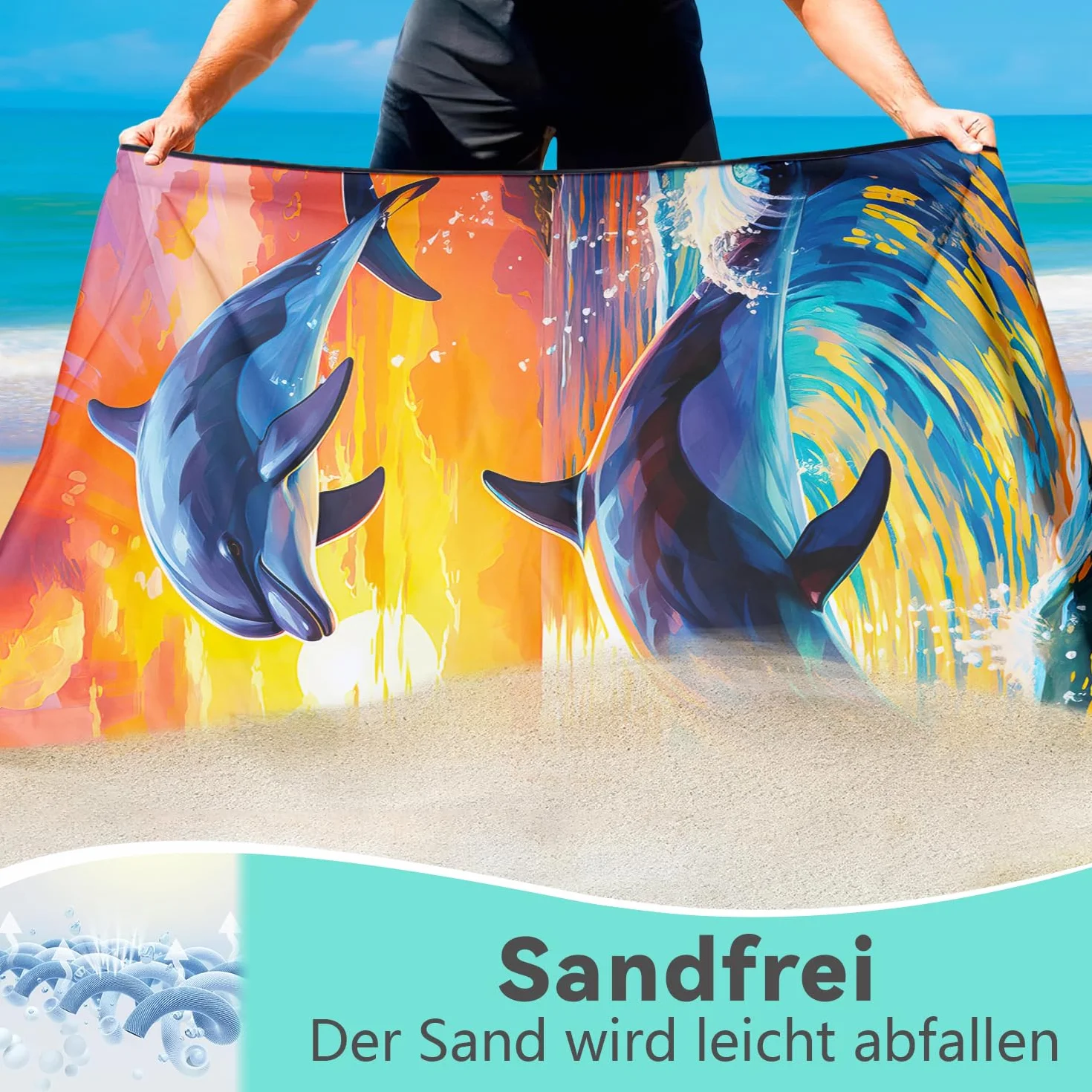 Ręcznik plażowy delfiny, 90 x 180 cm, szybkoschnący, bez piasku, zachodu słońca, zwierzęta, ręcznik plażowy, fale, ręcznik plażowy, duży ręcznik kąpielowy, przenośny, lekki i cienki