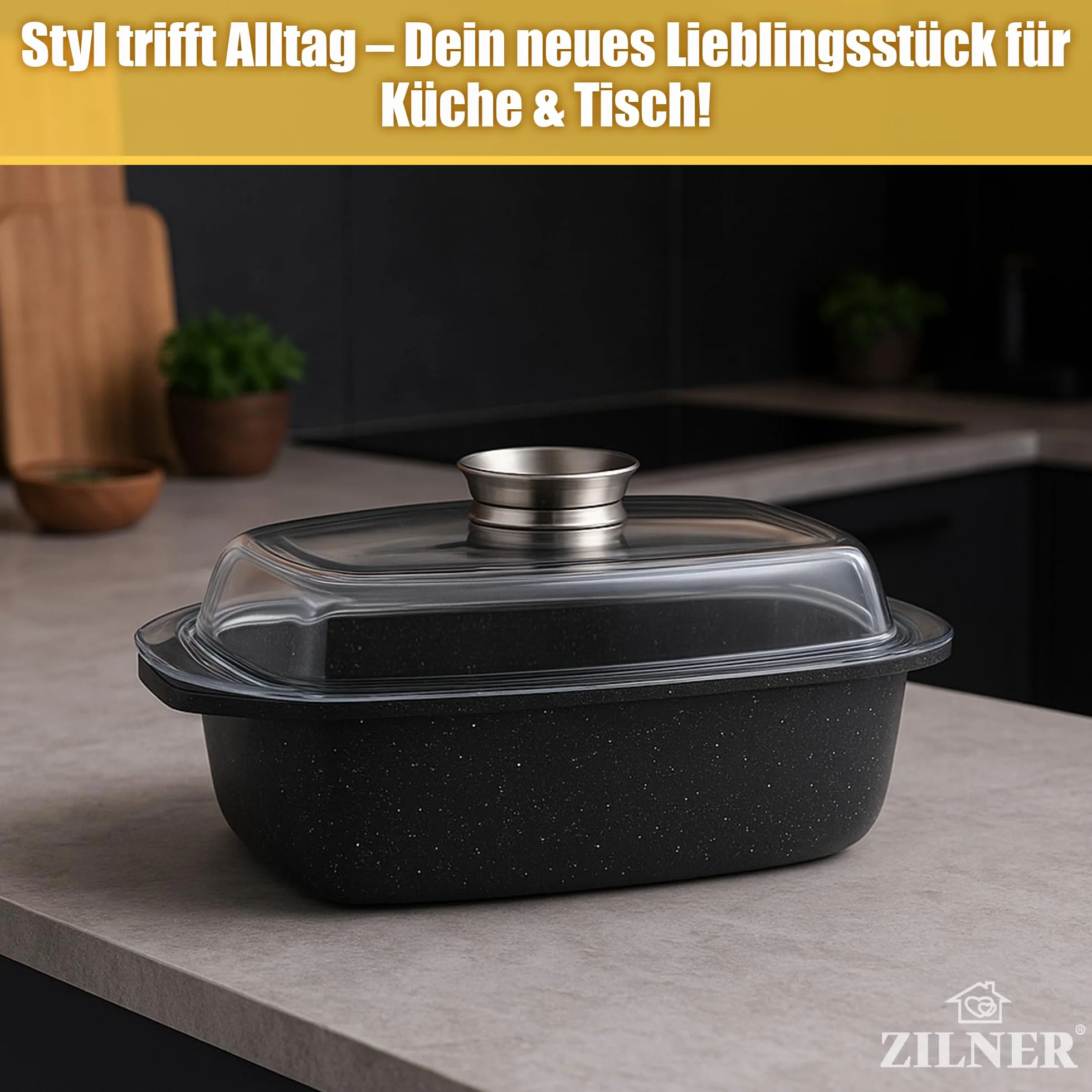 Naczynie do pieczenia 5,5 l z marmurową powłoką nieprzywierającą – 32 cm – szklana pokrywka z przyciskiem aromatyzującym – nadaje się do płyt indukcyjnych – aluminium – nadaje się do piekarnika