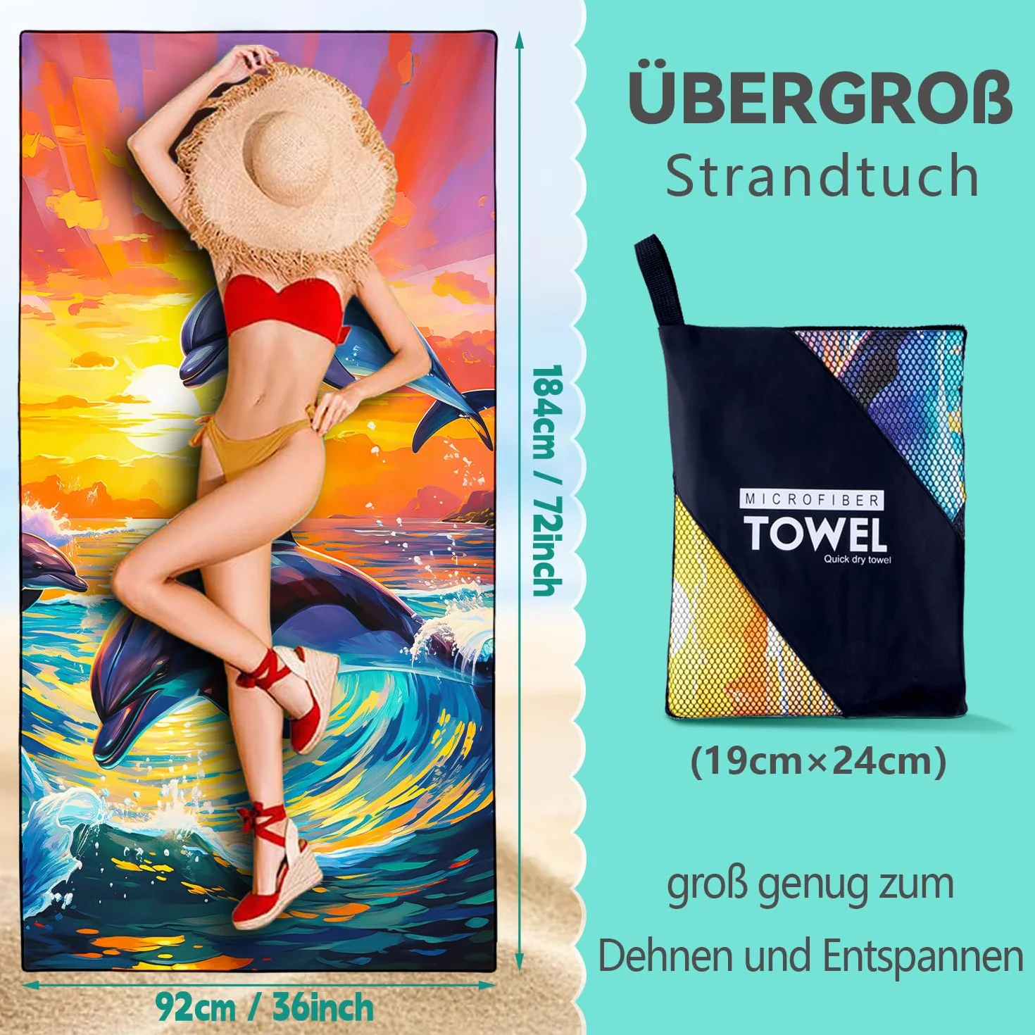 Ręcznik plażowy delfiny, 90 x 180 cm, szybkoschnący, bez piasku, zachodu słońca, zwierzęta, ręcznik plażowy, fale, ręcznik plażowy, duży ręcznik kąpielowy, przenośny, lekki i cienki