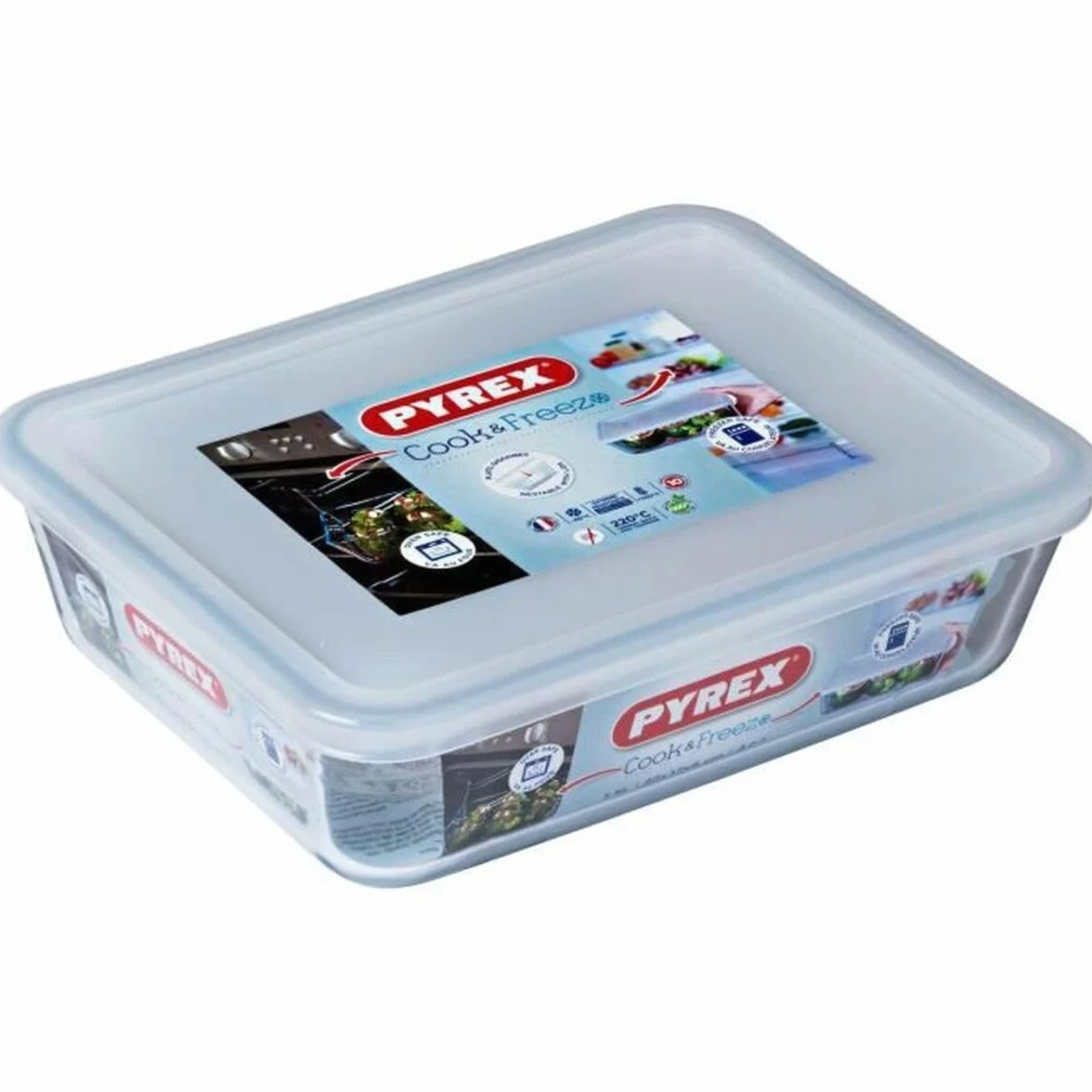 Pyrex 242P000 Cook & Freeze prostokątne naczynie z plastikową pokrywką, szkło, 1,5 litra