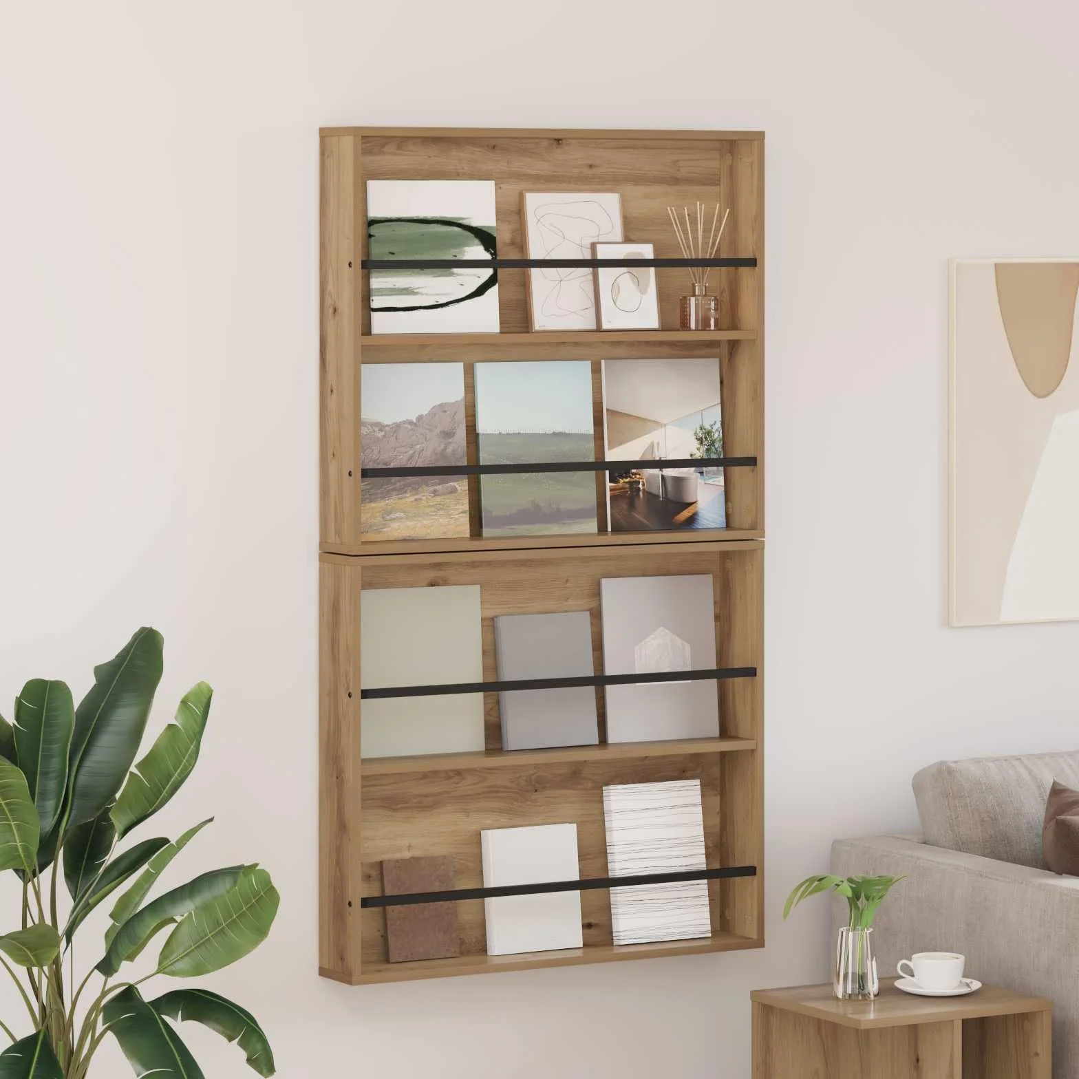 Générique Nowoczesny stojak na czasopisma ścienne z drewna inżynieryjnego 80x12x70 cm, designerski regał na czasopisma z regulowanym schowkiem do salonu lub biura