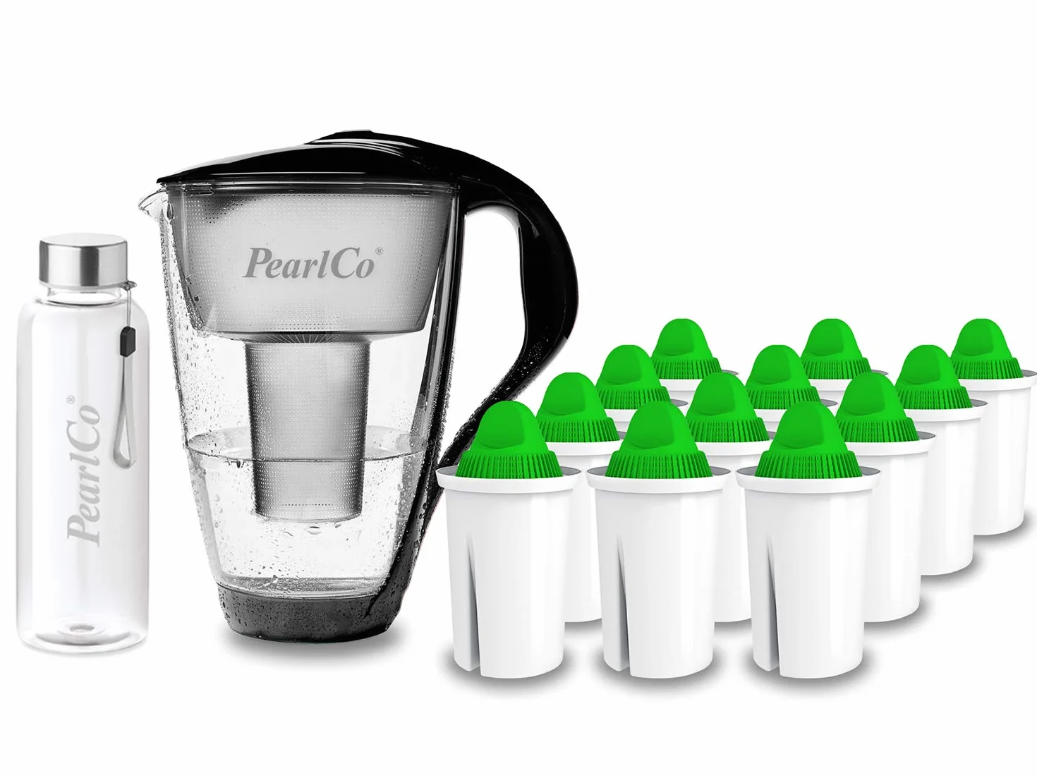 PearlCo - Szklany filtr do wody (czarny) z 12 wkładami filtrującymi alkalicznymi Classic + 1 butelka do picia ze szkła