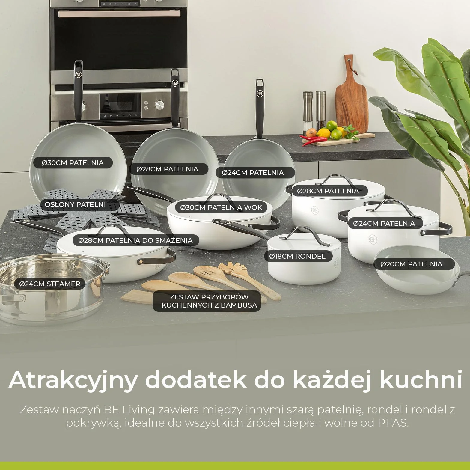 BE Living Essential 5-częściowy zestaw garnków, Ø 20, 24 i 28 cm patelnia do smażenia + Ø 30 cm patelnia do gotowania + Ø 28 cm, zestaw patelni, ceramiczne, bez PFAS, indukcja, biały
