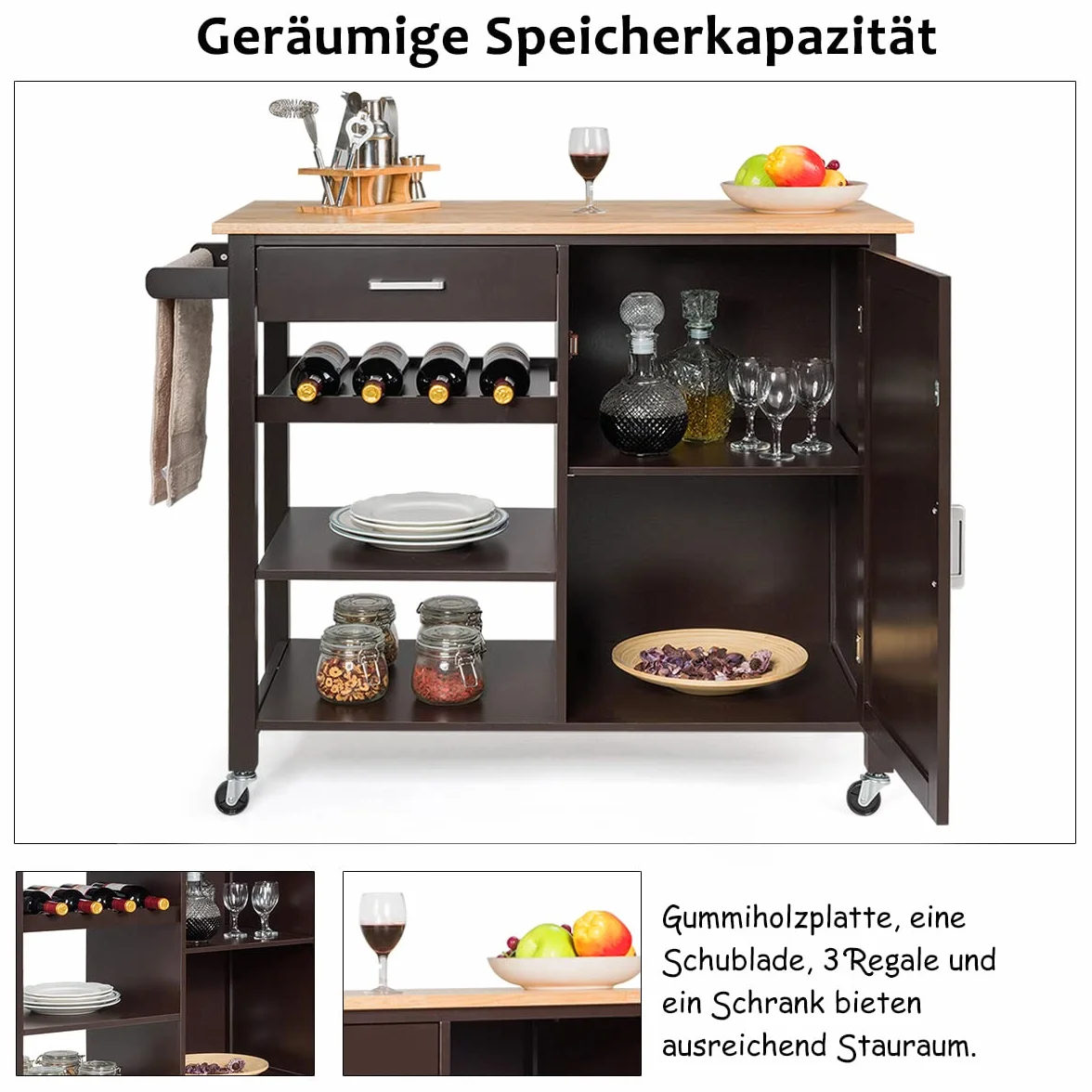 GOPLUS Wózek kuchenny z blatem roboczym, mobilna wyspa kuchenna, drewniana z szufladami, regał na ręczniki, regał na butelki wina, szafka magazynowa, wózek do serwowania na kółkach, do kuchni i
