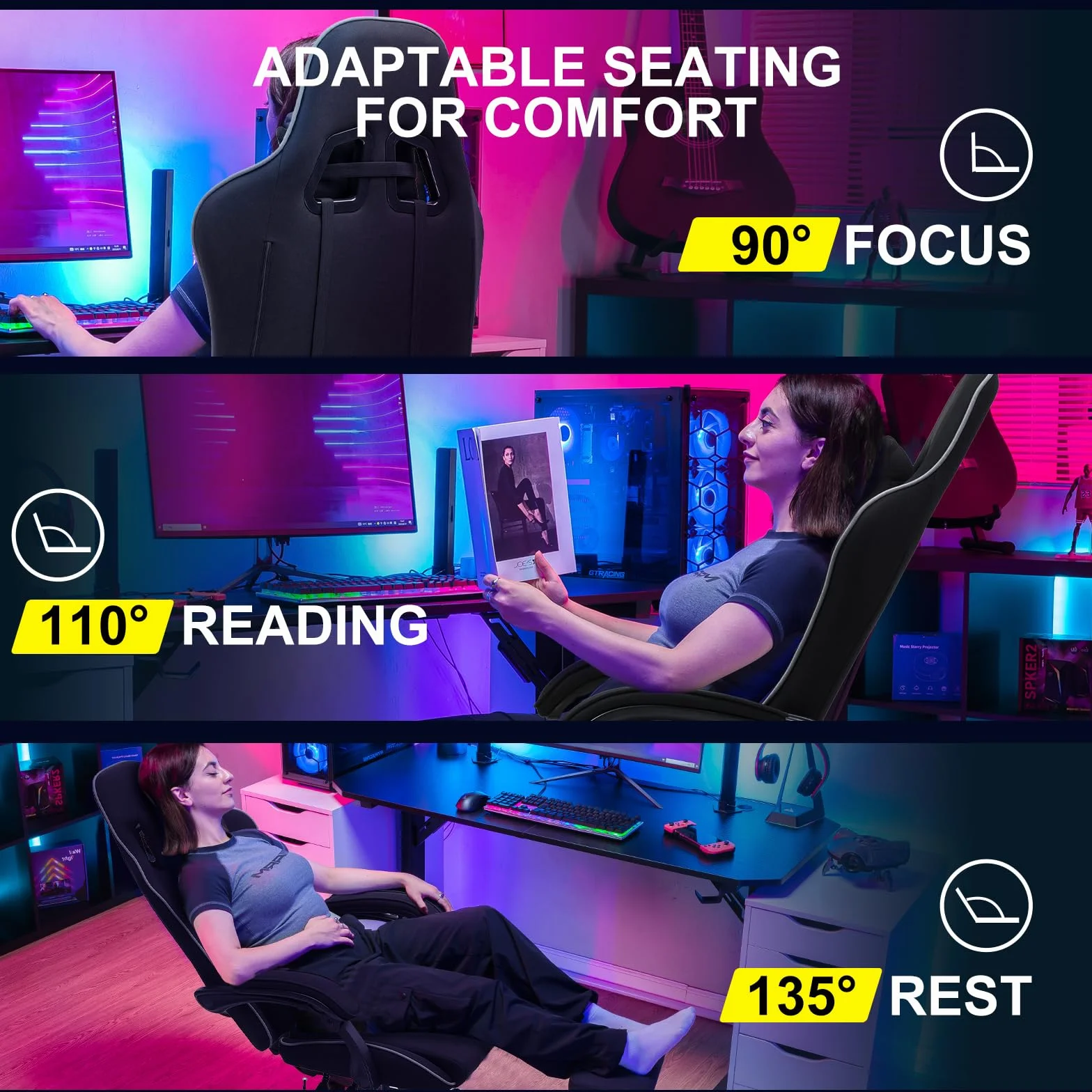 GTPLAYER Fotel gamingowy, ergonomiczny fotel komputerowy z podnóżkiem i podparciem lędźwiowym, regulacja wysokości, z siedziskiem obrotowym o 360° i zagłówkiem, do biura