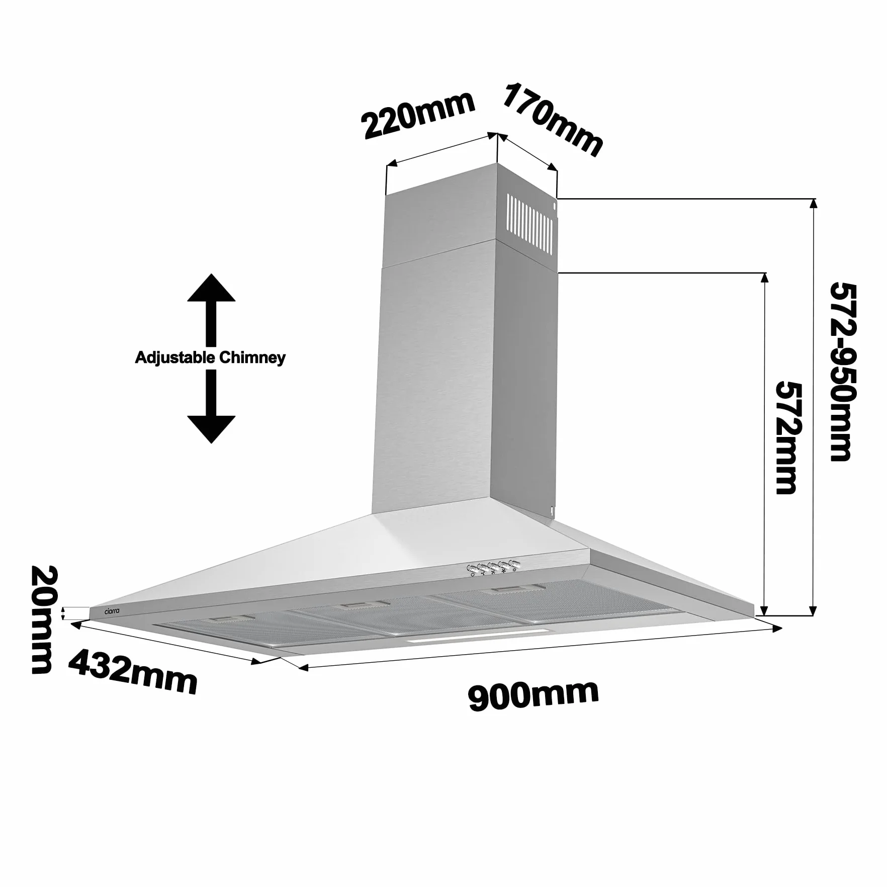CIARRA CBCS9201 A++ okap kuchenny 90 cm 370 m³/h z filtrem węglowym, srebrny, stal nierdzewna