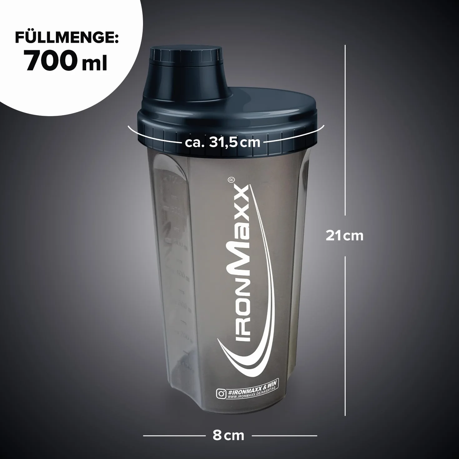 IronMaxx Shaker do białek - Night Black 700 ml | shaker proteinowy z zakrętką, sitkiem i skalą pomiarową | szczelny, nadaje się do mycia w zmywarce, nie zawiera zmiękczaczy BPA i DEHP