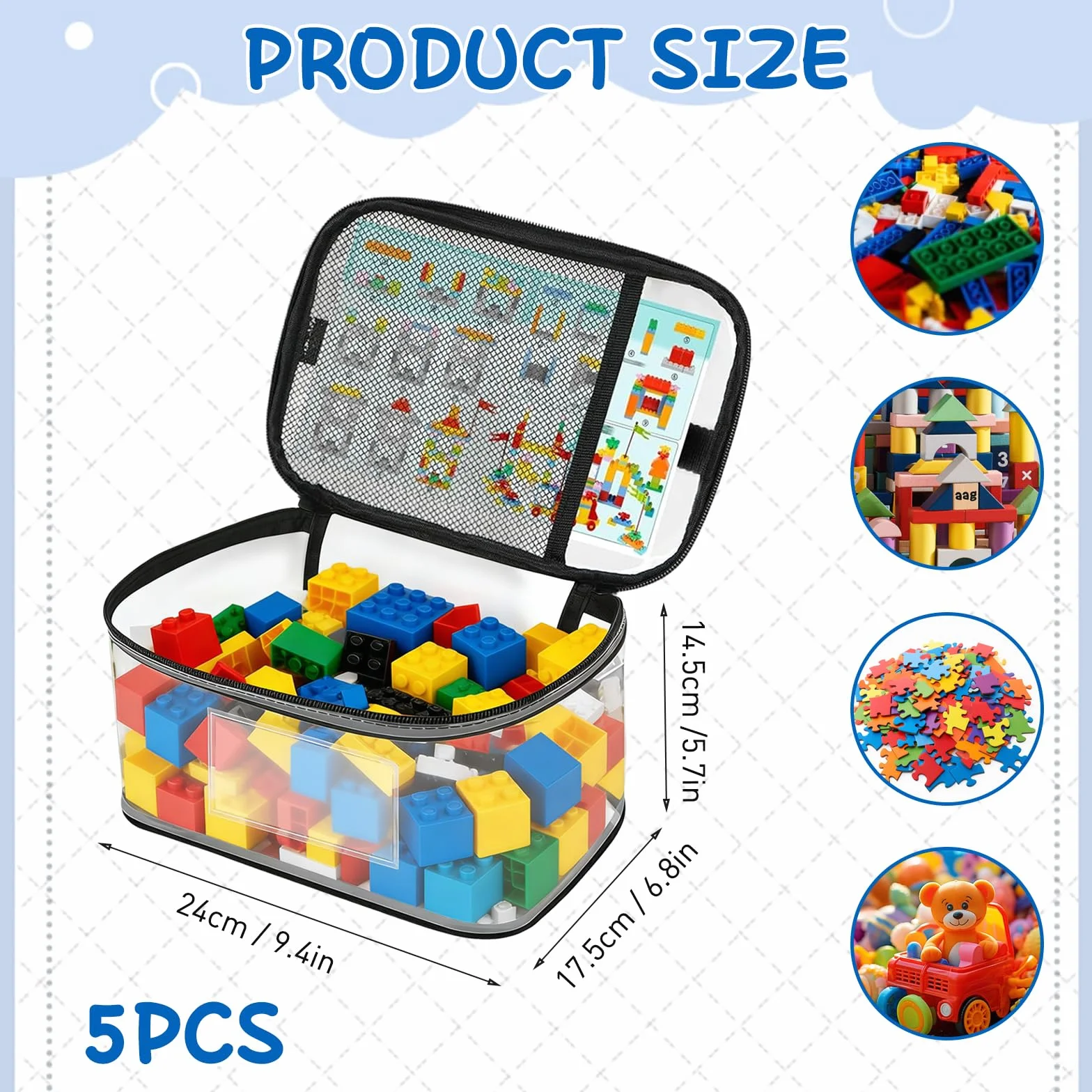 Torby do przechowywania zabawek, ESYFOR 4 sztuki wodoodporne torby do zabawy PVC torby do przechowywania przezroczysta torba do przenoszenia różnych małych zabawek, 24 x 17,5 x 14,5 cm
