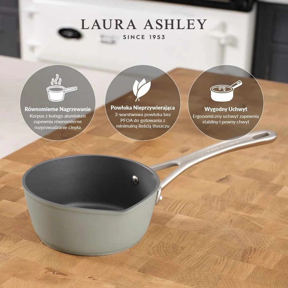 Laura Ashley 16cm Garnek do Mleka z Dziobkiem – 1,2 Litra Aluminiowy Mała Patelnia do Mleka, Bez PFOA/PFAS, Kompatybilny ze Wszystkimi Kuchenkami, Odporny na Pieczenie w Piekarniku i Mycie w Zmywarce