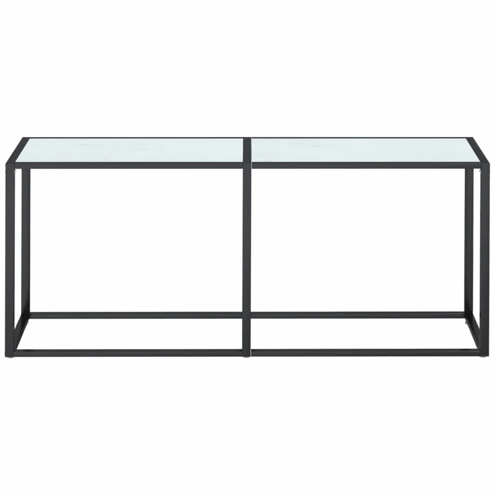 Stolik konsolowy, biały, wygląd marmuru, 180 x 35 x 75,5 cm, szkło hartowane, stal malowana proszkowo, nowoczesny stolik pomocniczy do salonu, korytarza, przedpokoju