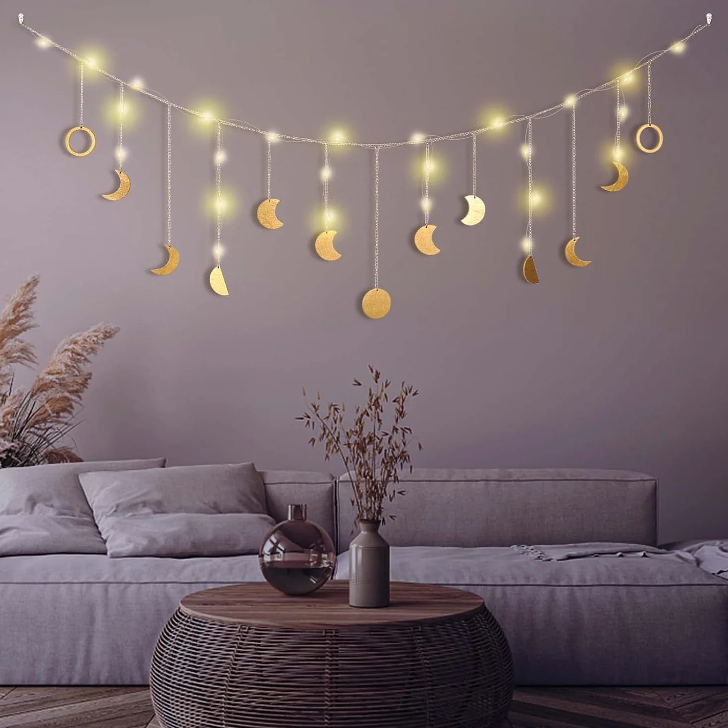 Girlanda z fazami księżyca, dekoracja ścienna w stylu boho, girlanda księżycowa, dekoracja ścienna, do salonu, sypialni, lampa księżycowa w stylu boho, złota girlanda 144 cm, 13 księżyców, z łańcuchem