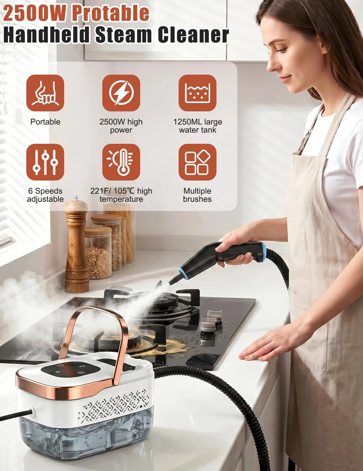 Odkurzacz Parowy, Wielofunkcyjny Ręczny Odkurzacz Parowy o Mocy 2500 W z 6 Regulowanymi Prędkościami i 8 Rodzajami Dysz, Przenośny 1250 ml, Wysokociśnieniowy