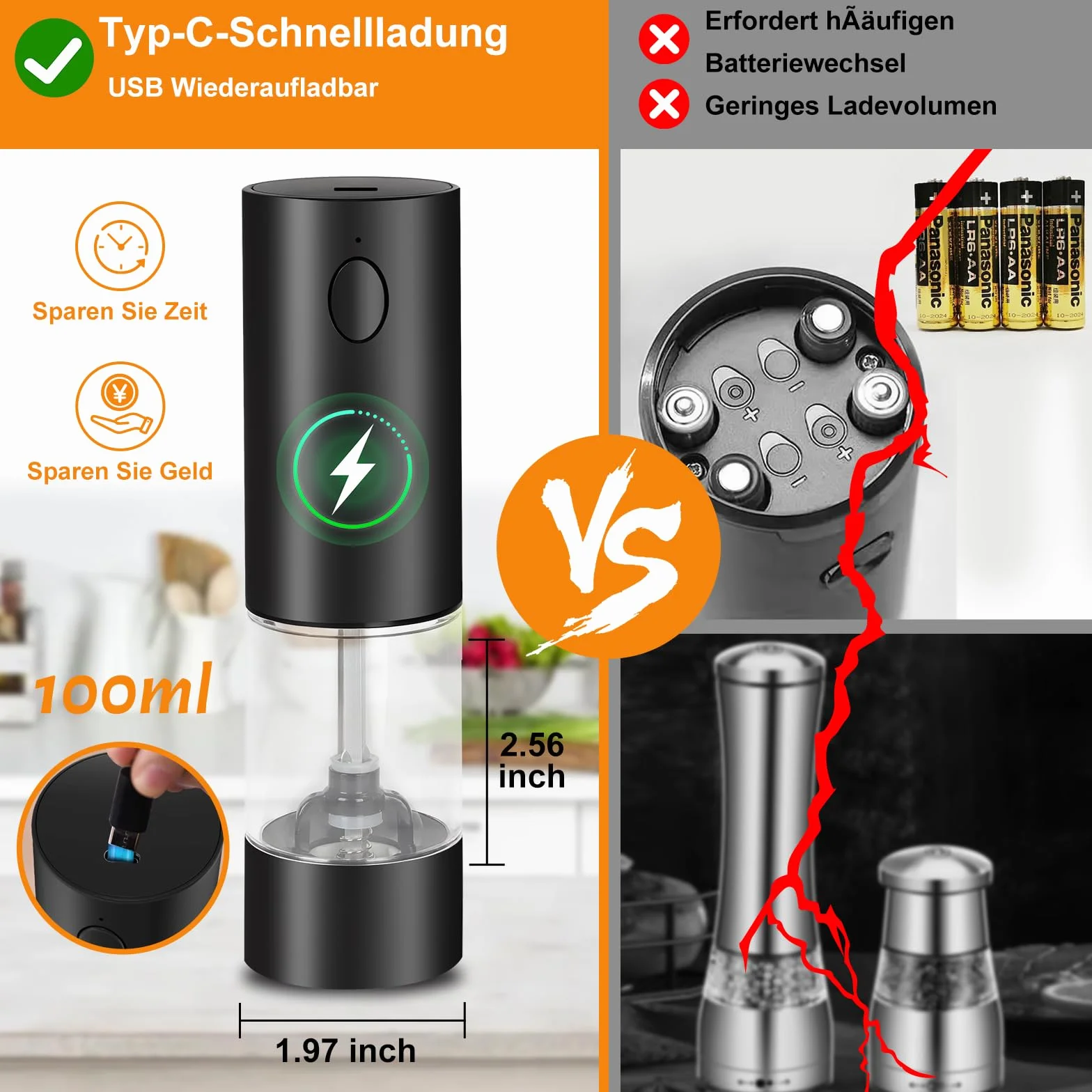 Zestaw 2 młynków do soli i pieprzu Elektryczne młynki do przypraw zasilane bateryjnie z podstawką, regulowanym ceramicznym mechanizmem mielenia, ładowane przez USB, automatyczne mielenie do rest