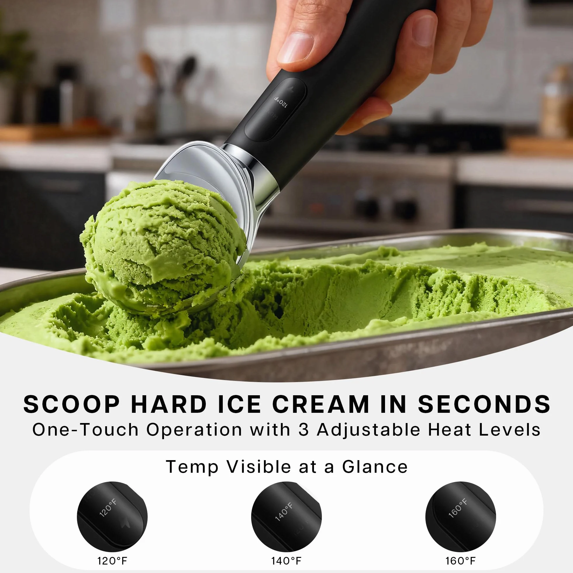 VRAIKO Heated Ice Cream Scoop | Warming Icecream Scooper with 3-Level Adjustable Heats - 120/140/160℉, LED Display, 2600mAh Capacity, Rechargeable | for Hard Ice Cream and More (Black)