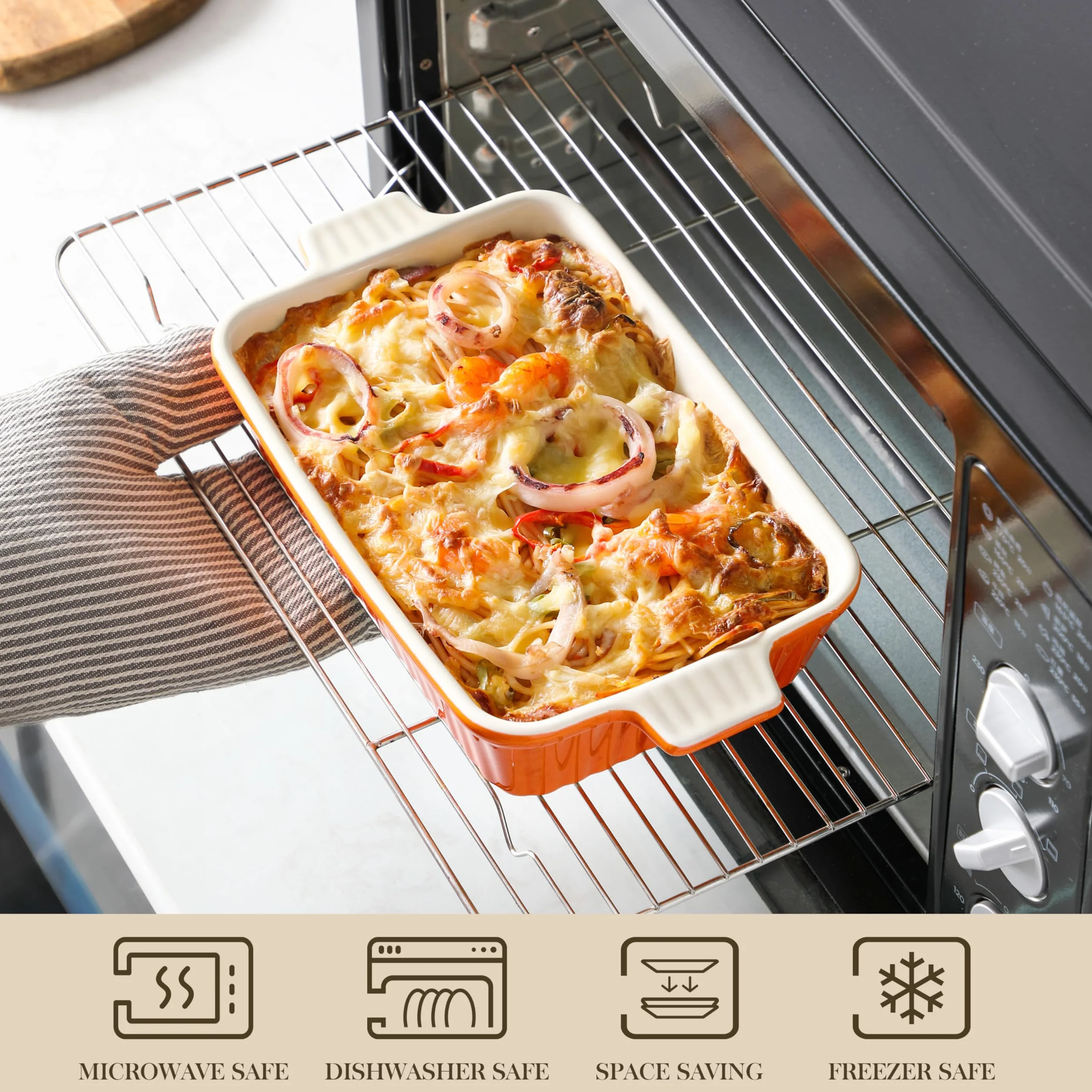 MALACASA Zestaw 4 porcelanowych naczyń do pieczenia, do piekarnika, naczynia do zapiekanek, ceramiczne, prostokątne, do pieczenia lasagne, do gotowania, ciasta, kuchni, pomarańczowe (24 cm/28 cm/31 cm