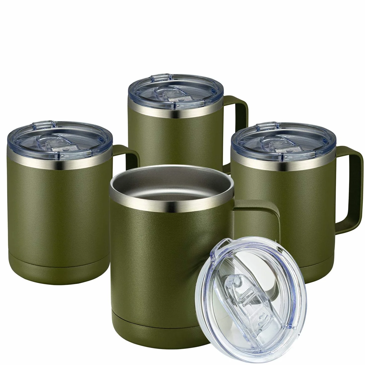 MEWAY Kubek do kawy 350 ml z uchwytem, 4 sztuki, izolowane kubki podróżne ze stali nierdzewnej z przesuwaną pokrywką, próżniowy kubek kempingowy z podwójną ścianką do gorących i zimnych napojów herbaty (wojskowa zieleń, zestaw 4 szt.)