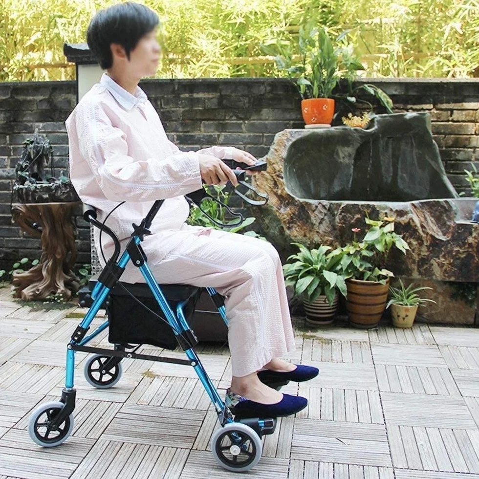 Walker Osoby w podeszłym wieku Wspomagany Walker Podłokietnik Walking Old People Kup jedzenie Może zabrać wózki Skuter Koszyk na zakupy Chodzik czterokołowy Siedzisko ze stopu aluminium Składane