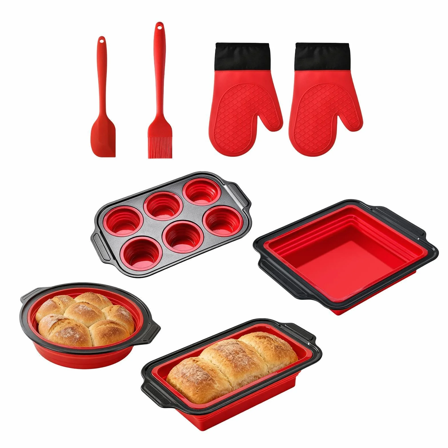 Silikonowa forma do pieczenia Naczynie stackowalne i bezpieczne w zmywarce | Z zestawem rękawic, skrobaczki i pędzelka do Babeczek, Chleba, Ciastek, Muffin, Jajek, Pączków