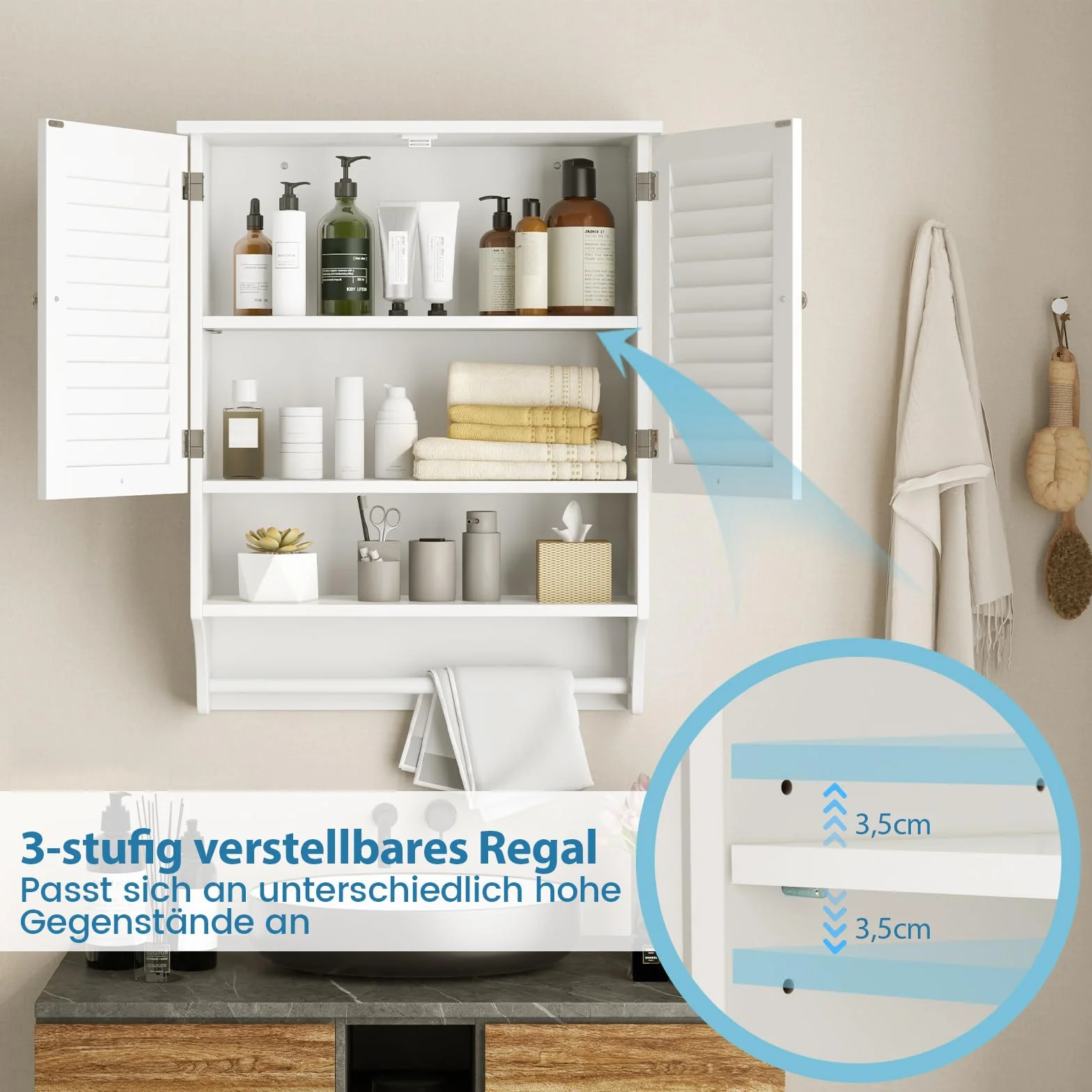 COSTWAY Szafka wisząca 3 półki łazienkowa z regulowaną półką ścienna biała 58x22x75 cm BA7874DE