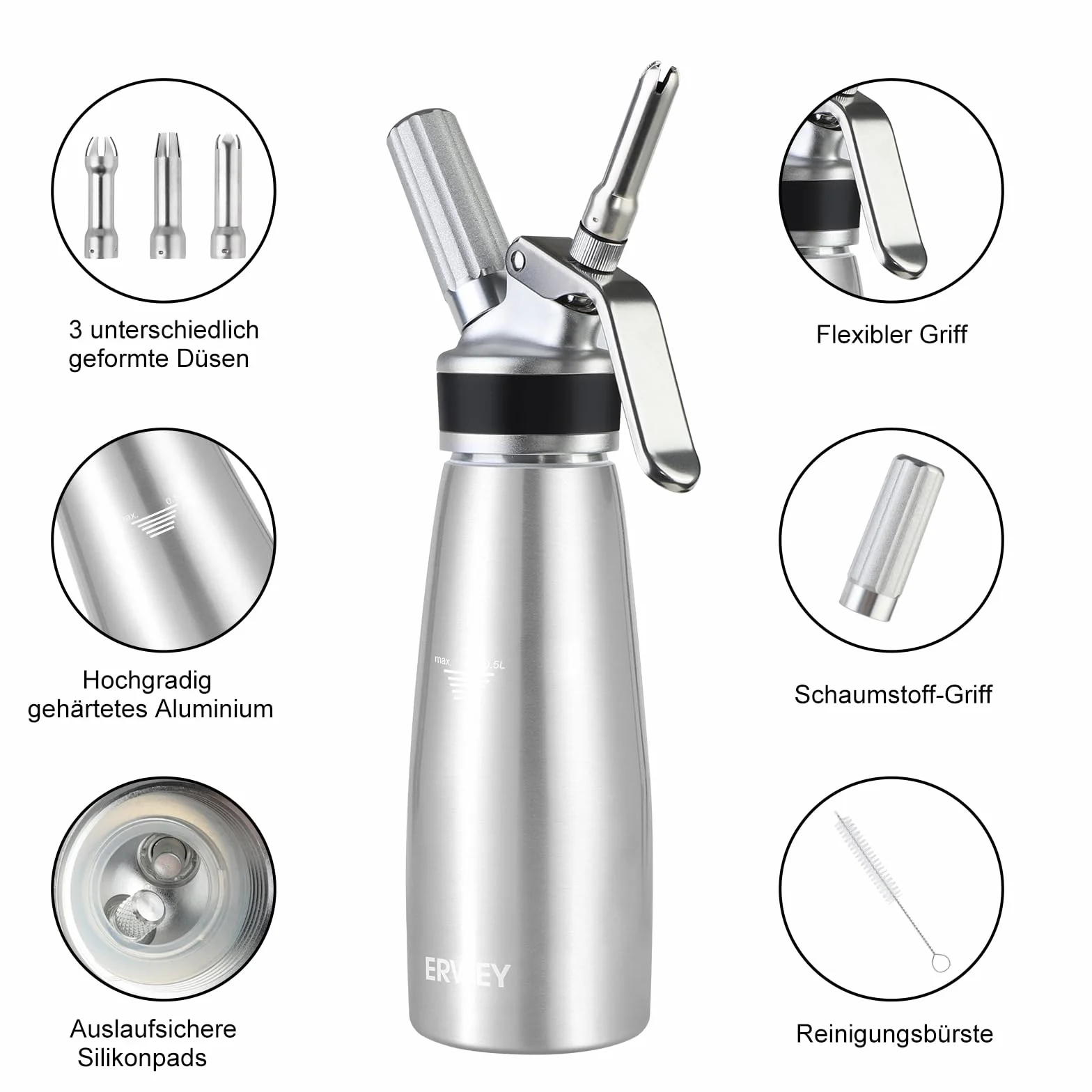 ERWEY Dozownik do śmietany 500 ml, syfon do śmietany, ze aluminiowy, szczelny, łatwy do czyszczenia, z 3 końcówkami i 1 szczotką do czyszczenia, dozownik bitej śmietany, do kuchni, na imprezę