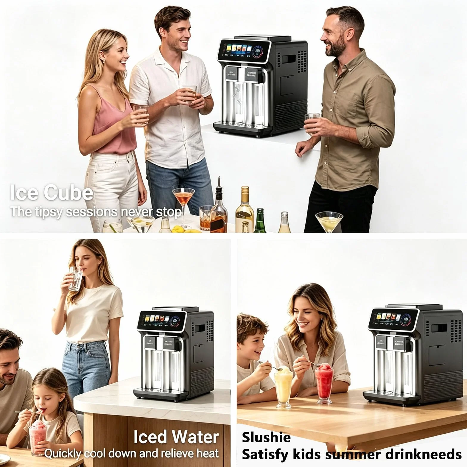 Kostkarka do lodu 3 w 1 z funkcją dozowania zimnej wody urządzenie nablatowe do kostek i kruszonego lodu wyświetlacz LCD idealna do biur i małych firm Black