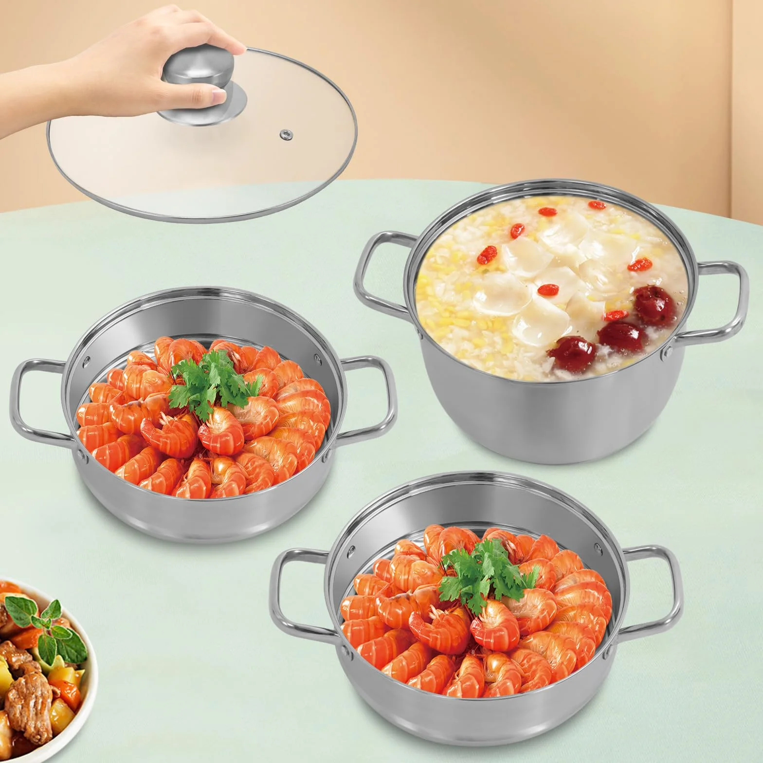 3-warstwowy zestaw parowarów ze stali nierdzewnej 24 cm, 1,2 l, srebrny garnek do gotowania, parowar z widoczną pokrywką i 2 tackami do gotowania makaronu, ryb, warzyw i zupy