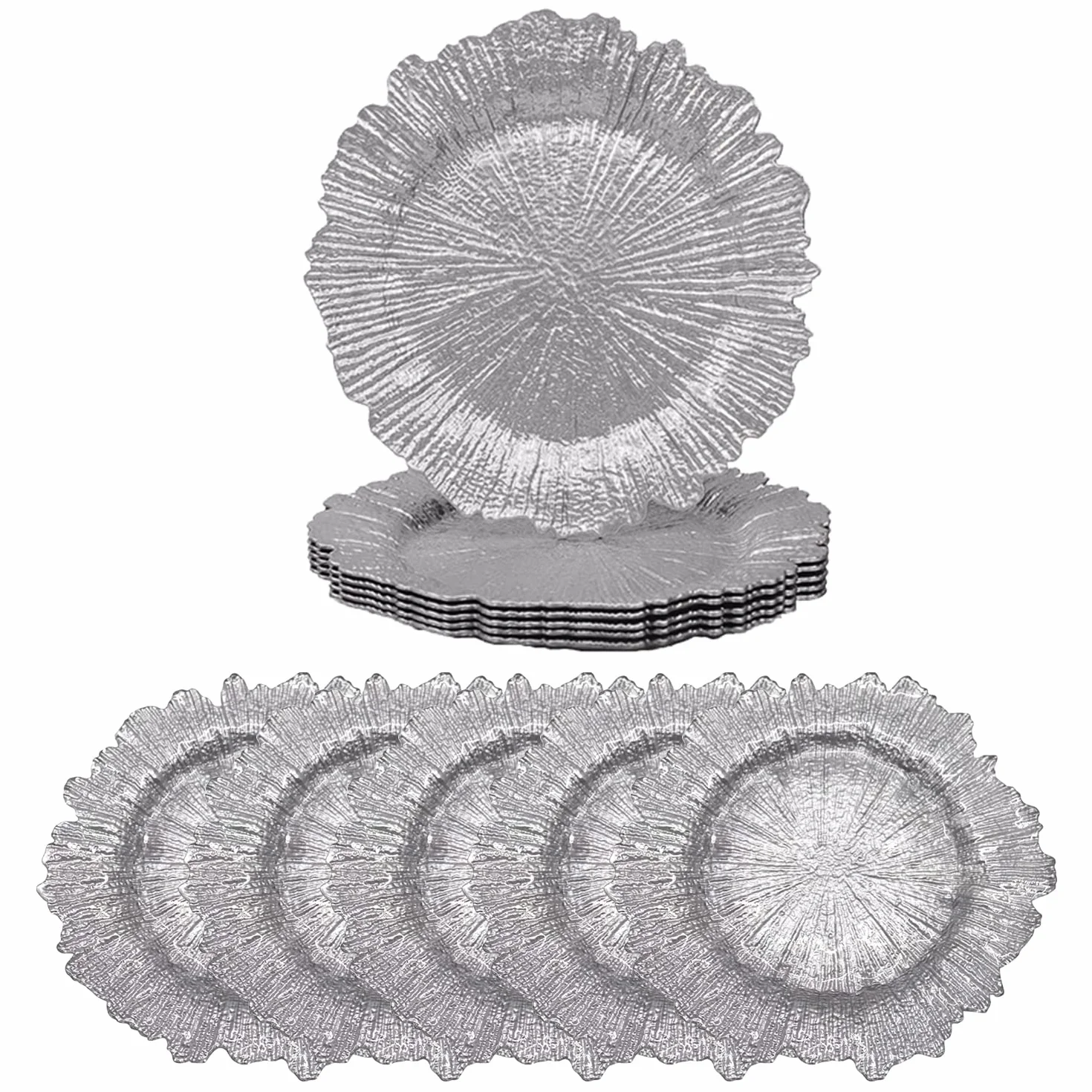 Trimming Shop Dekoracyjne talerze ładujące na imprezy, styl vintage, szkło do dekoracji stołu, wesela, urodziny, imprezy, zastawa stołowa, imprezy gastronomiczne, 33 cm, błyszczące srebro, 6 szt