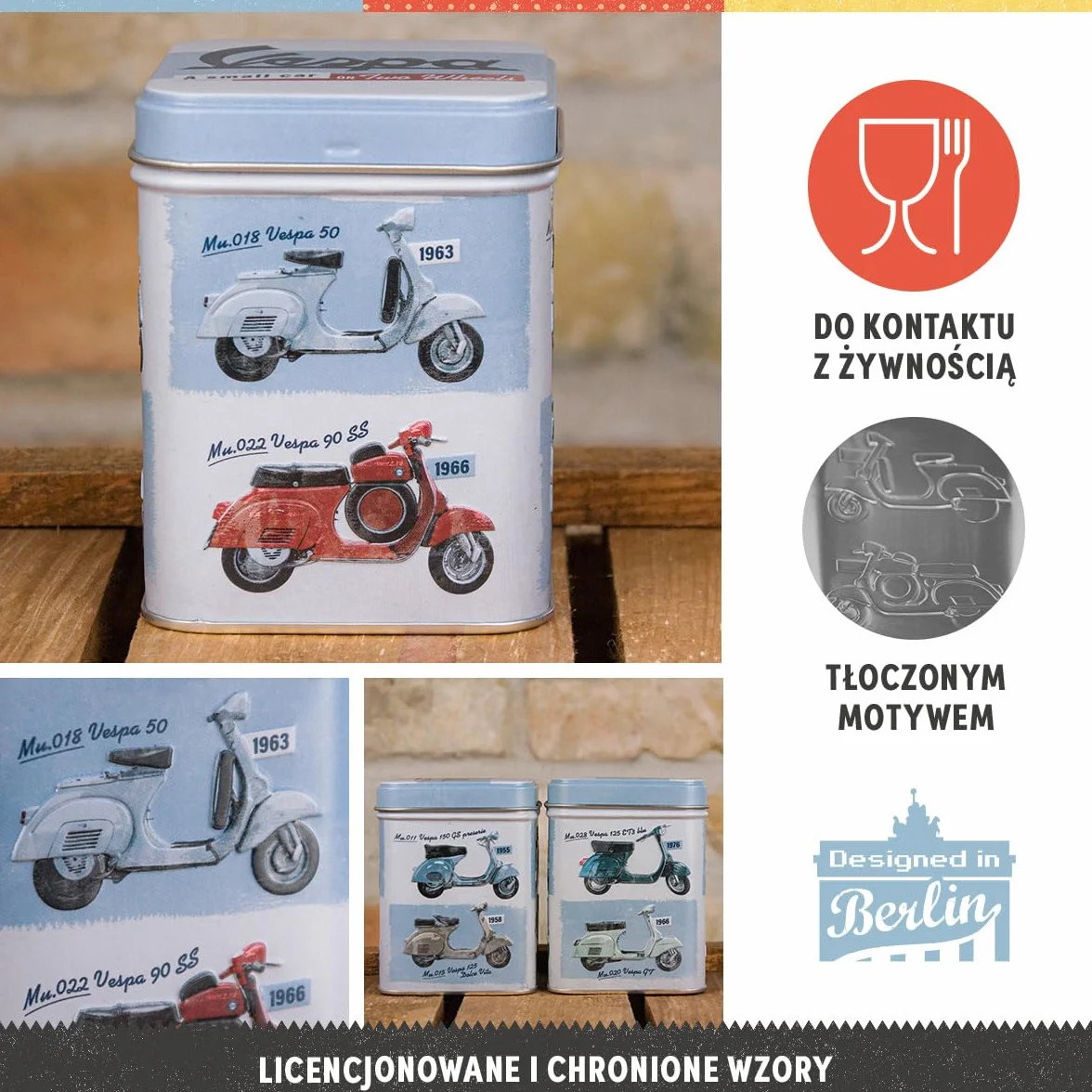 Nostalgic-Art Retro puszka na herbatę, 100 g, Vespa – Model Chart – Pomysł na prezent dla miłośników skuterów, Official License Product (OLP), metalowy pojemnik na herbatę, Styl vintage