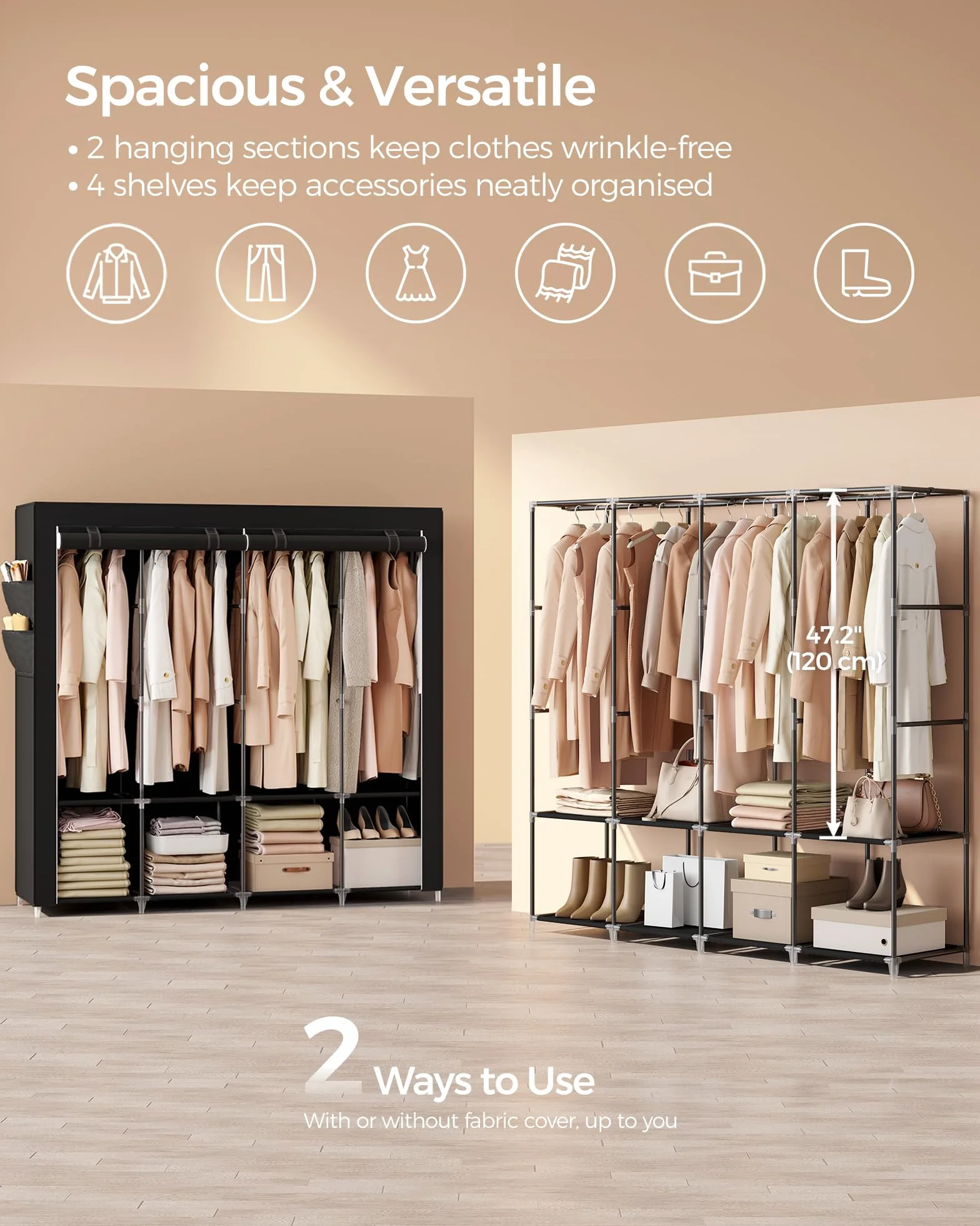 SONGMICS Przenośna szafa organizer z pokrowcem 168 x 40 x 160 cm czarny