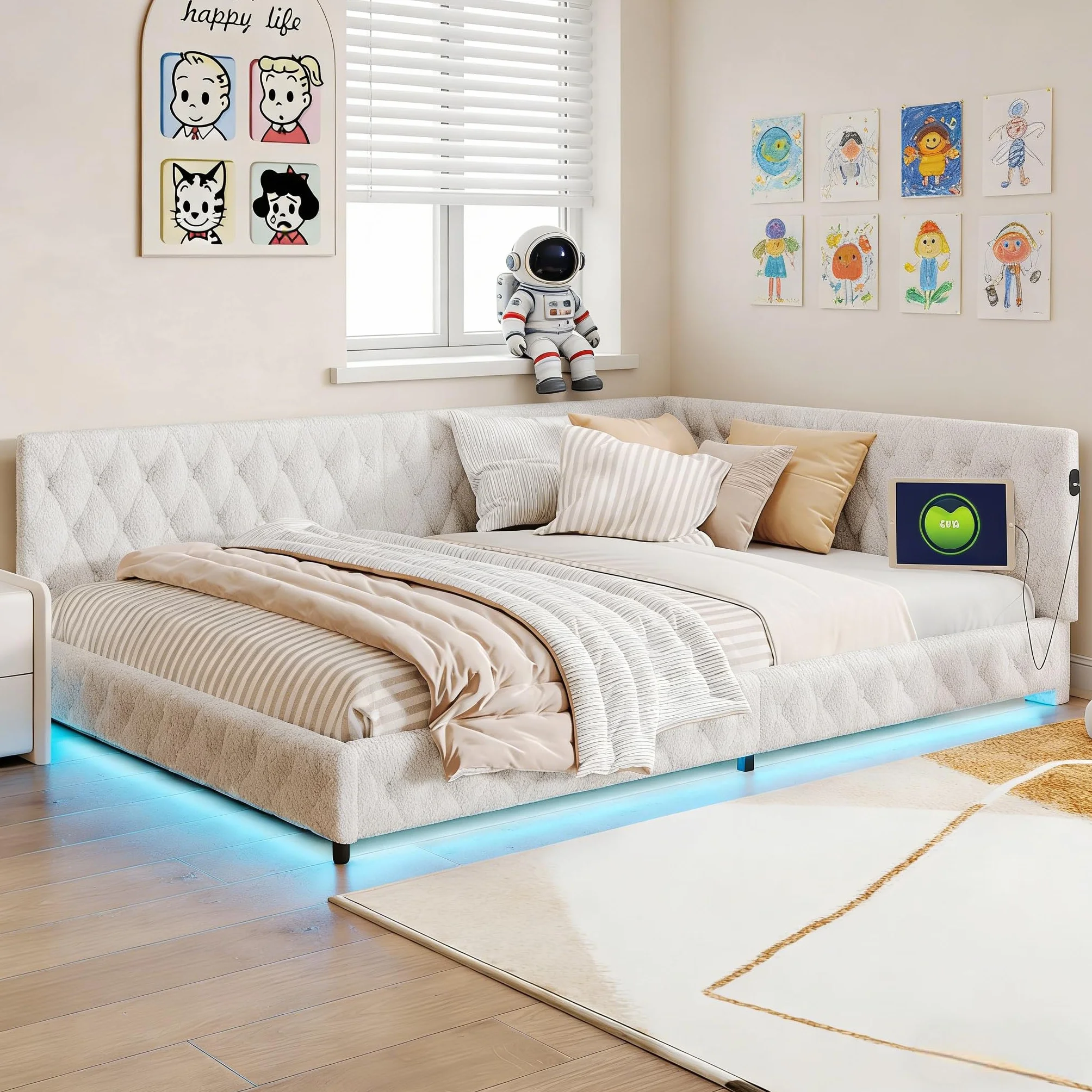 BRILVERDE Łóżko tapicerowane 140 x 200 cm, z diodami LED i USB, łóżko dziecięce, sofa ze stelażem, łóżko podwójne, dla dzieci i młodzieży, wełna jagnięca, bez materaca (białe, 140 x 200 cm)
